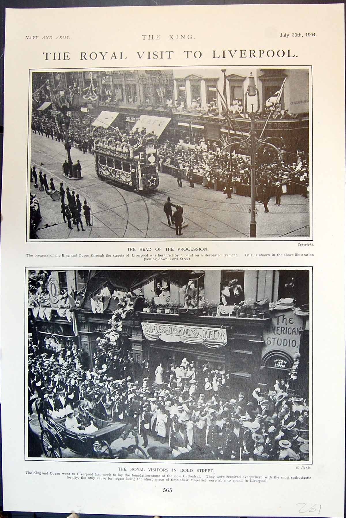 Antique Print Royal Visit Liverpool Head Procession King Queen BStreet 1904