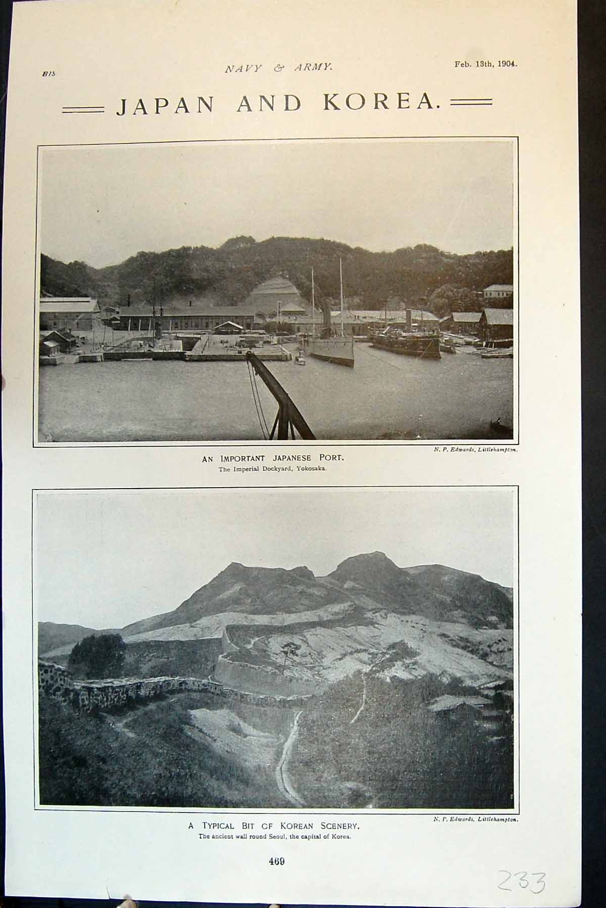 Antique Old Print Japan Korea Japanese Port Yokosaka Ancient Wall Seoul 1904
