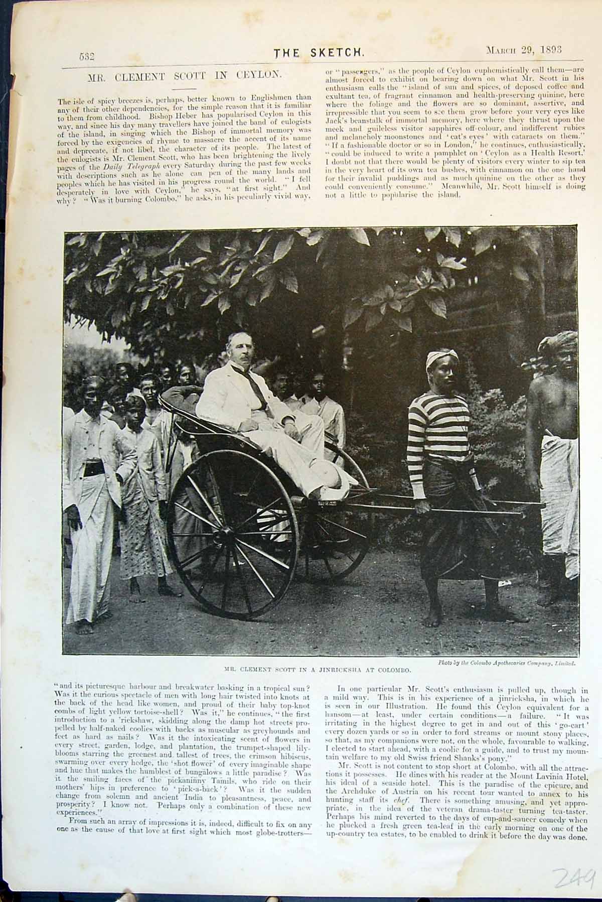 Antique Old Print Mr Clement Scott Jinricksha Colombo Ceylon Onlookers 1893