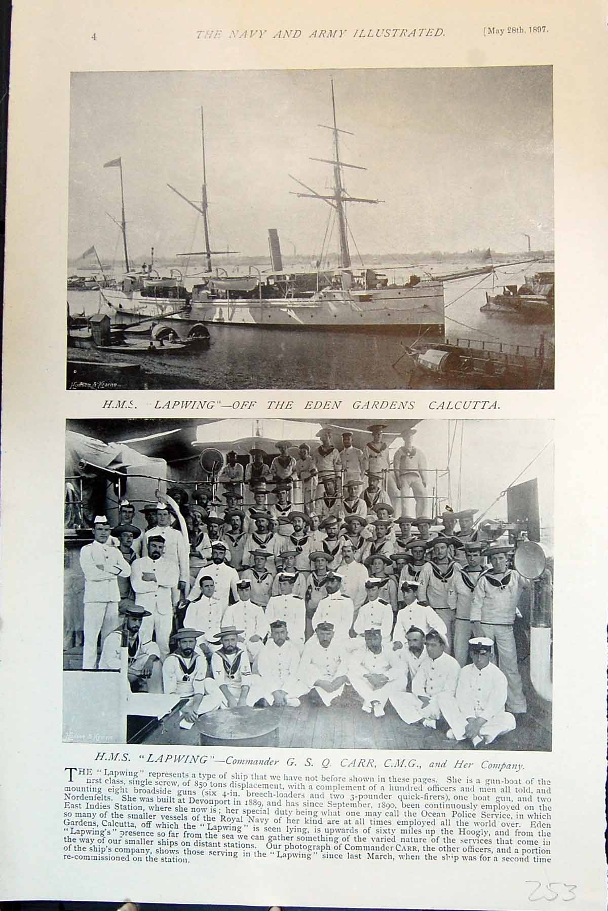 Antique Old Print Hms Lapwing Eden Gardens Calcutta Commander Company 1897 19th