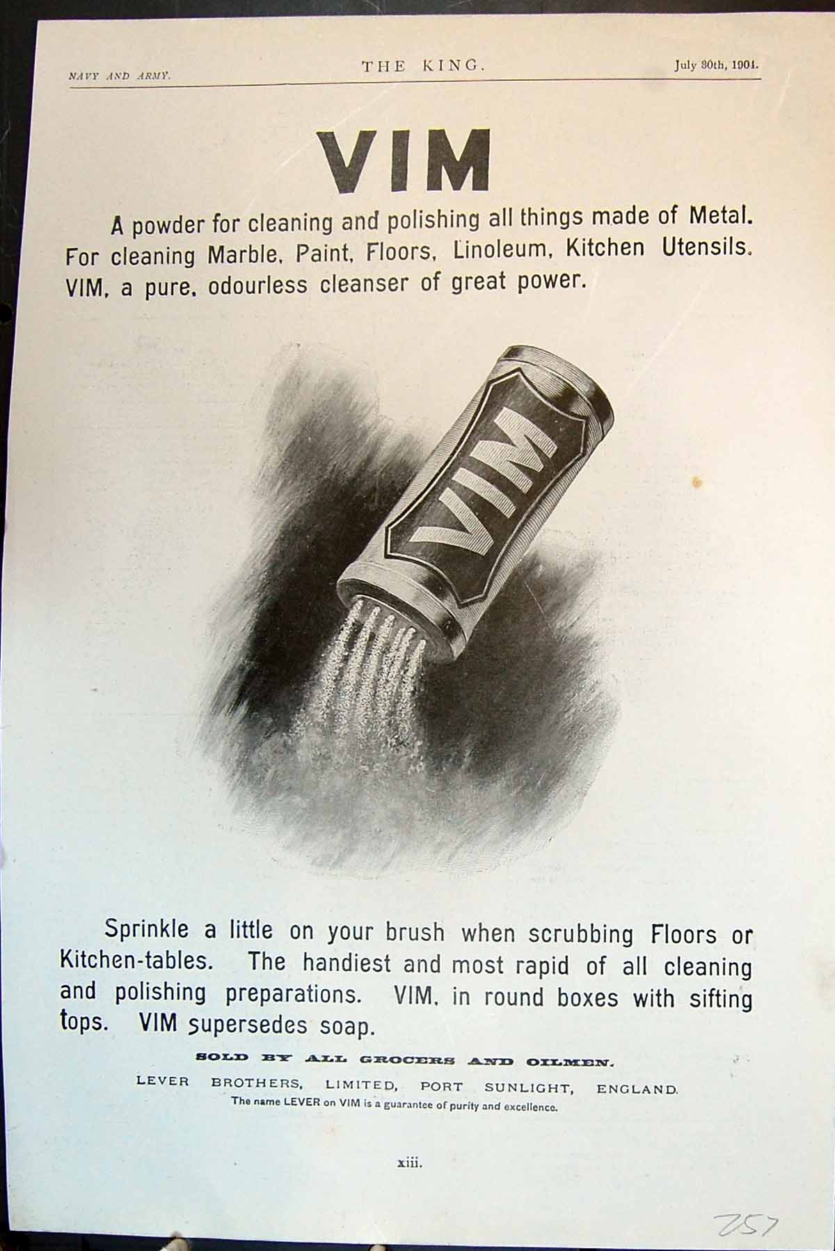 Antique Old Print Advertisement Vim Powder For Cleaning Polishing Metal 1904