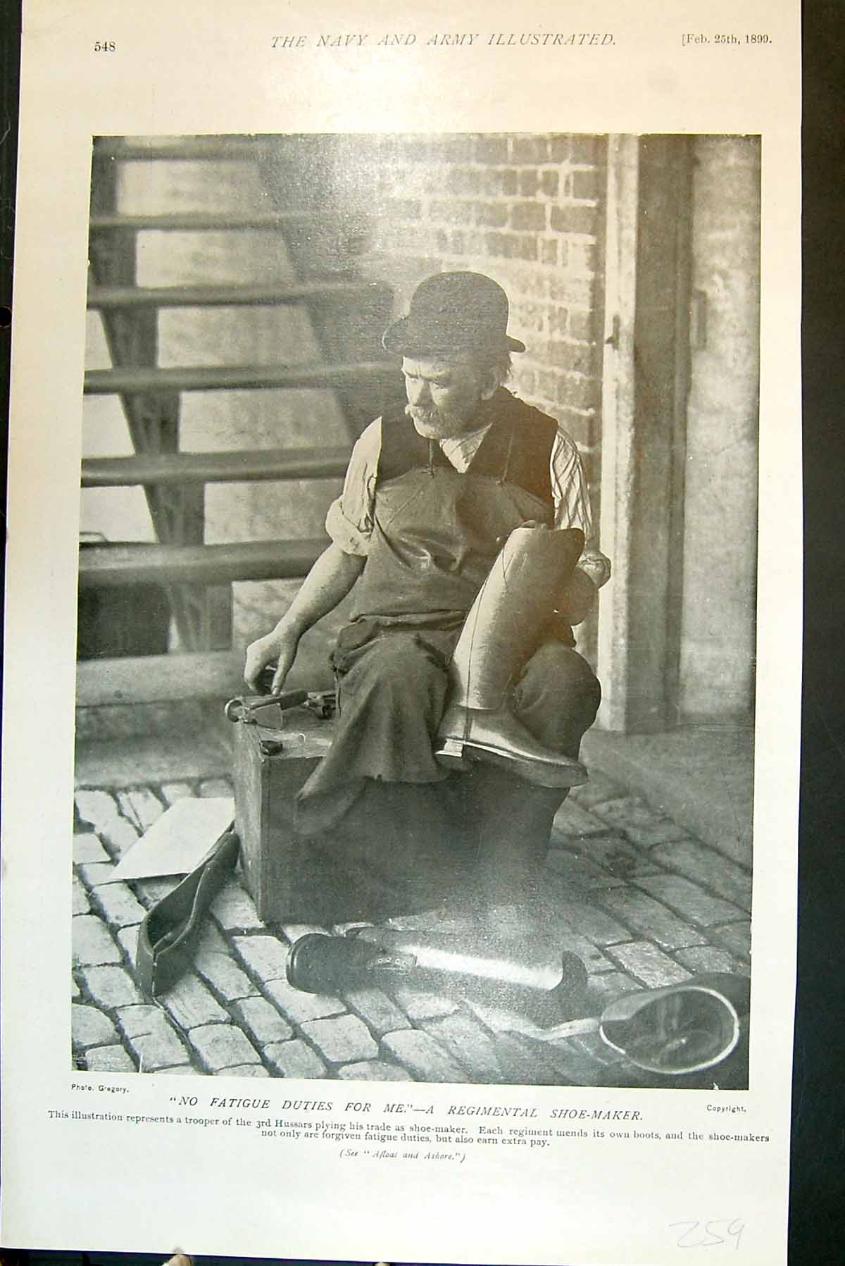 Old Print Regimental Shoe-Maker Repairing Boots 3Rd Hussars Trooper 1899