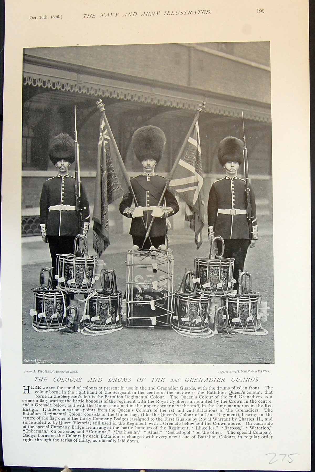 Antique Old Print Colours Drums 2Nd Grenadier Guards Queen'S Regimental 1896