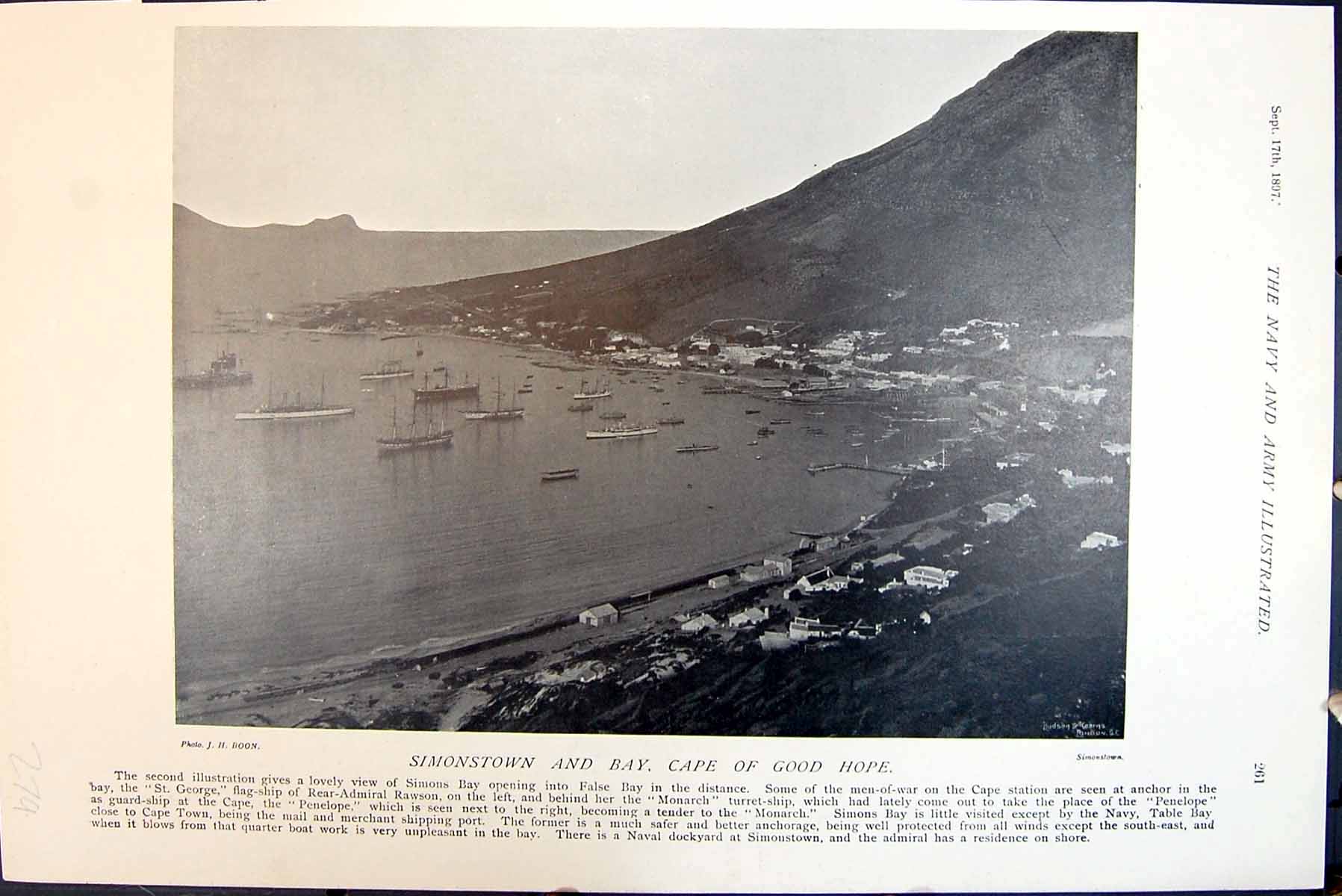 Old Print Simonstown Bay Cape Good Hope Men-Of-War Anchor False Bay 1897 19th