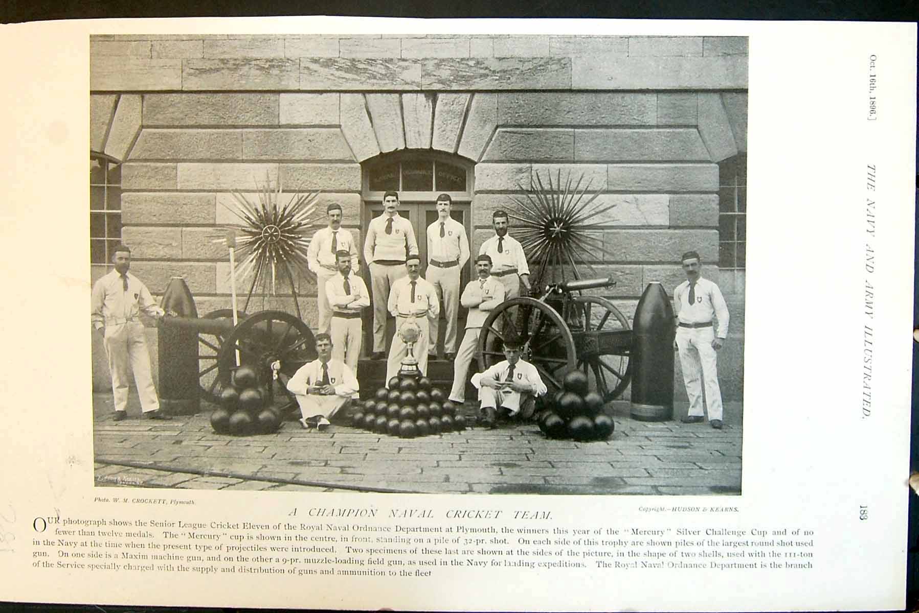 Old Print Champion Naval Cricket Team Senior League RN Ordnance Dept 1896 19th