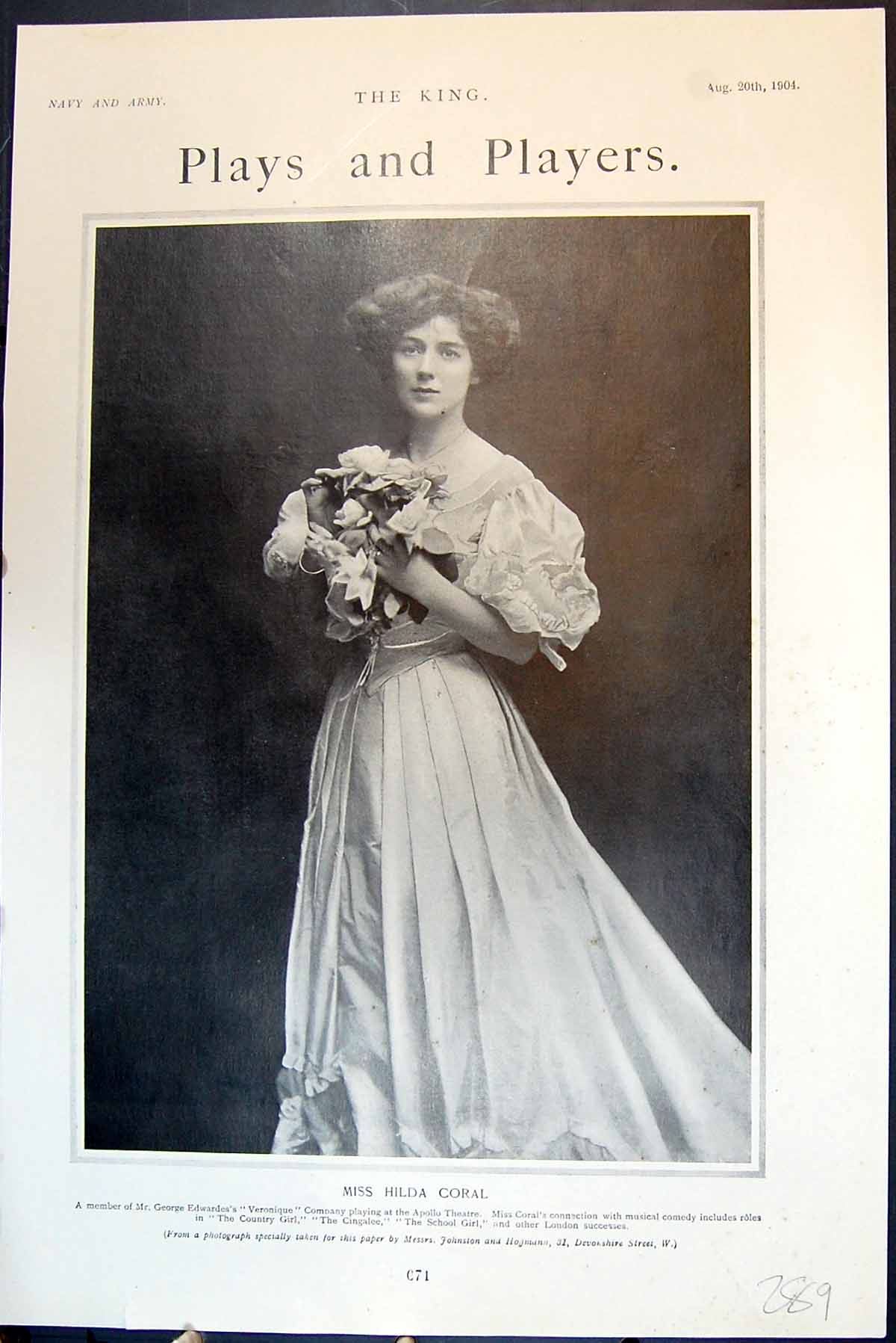 Old Print Plays And Players Miss Hilda Coral Portrait Dress Flowers 1904 20th
