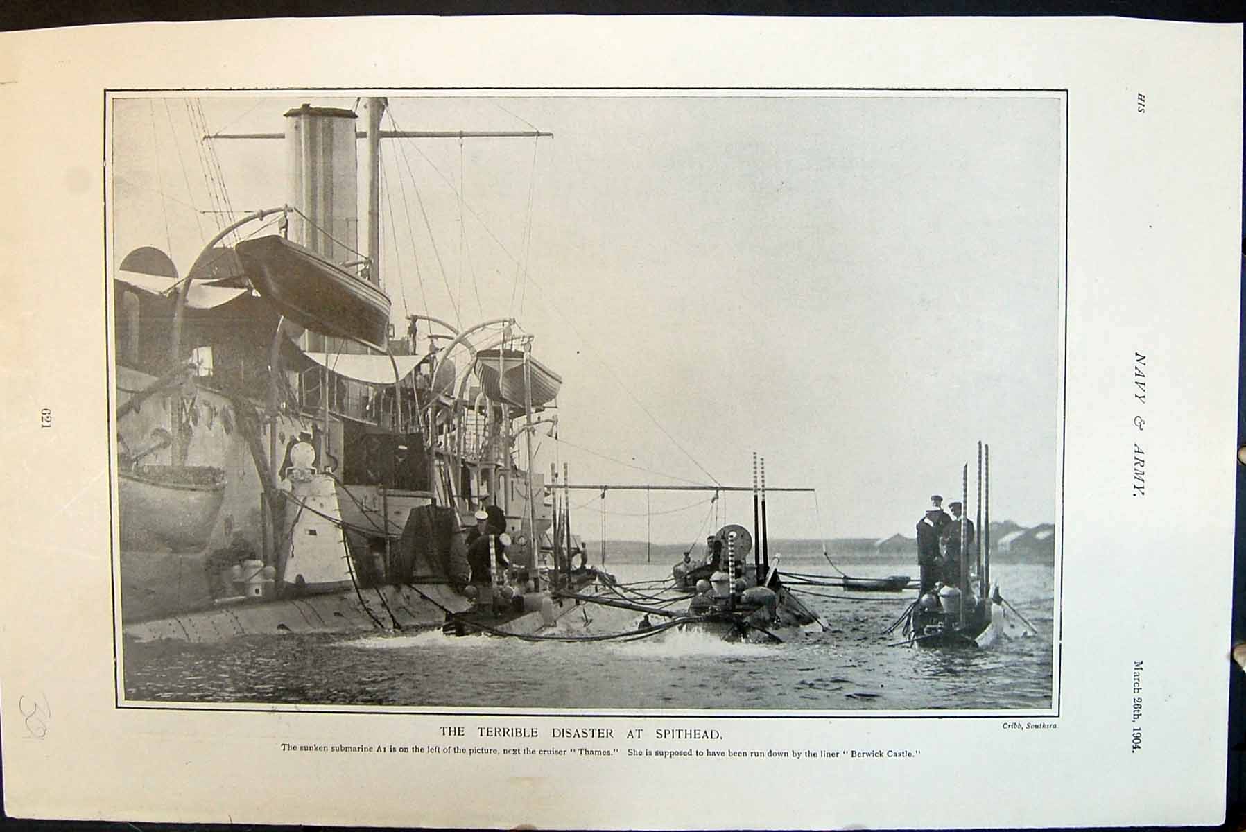 Old Terible Disaster Spithead Sunken Submarine A1 Cruiser Thames 1904