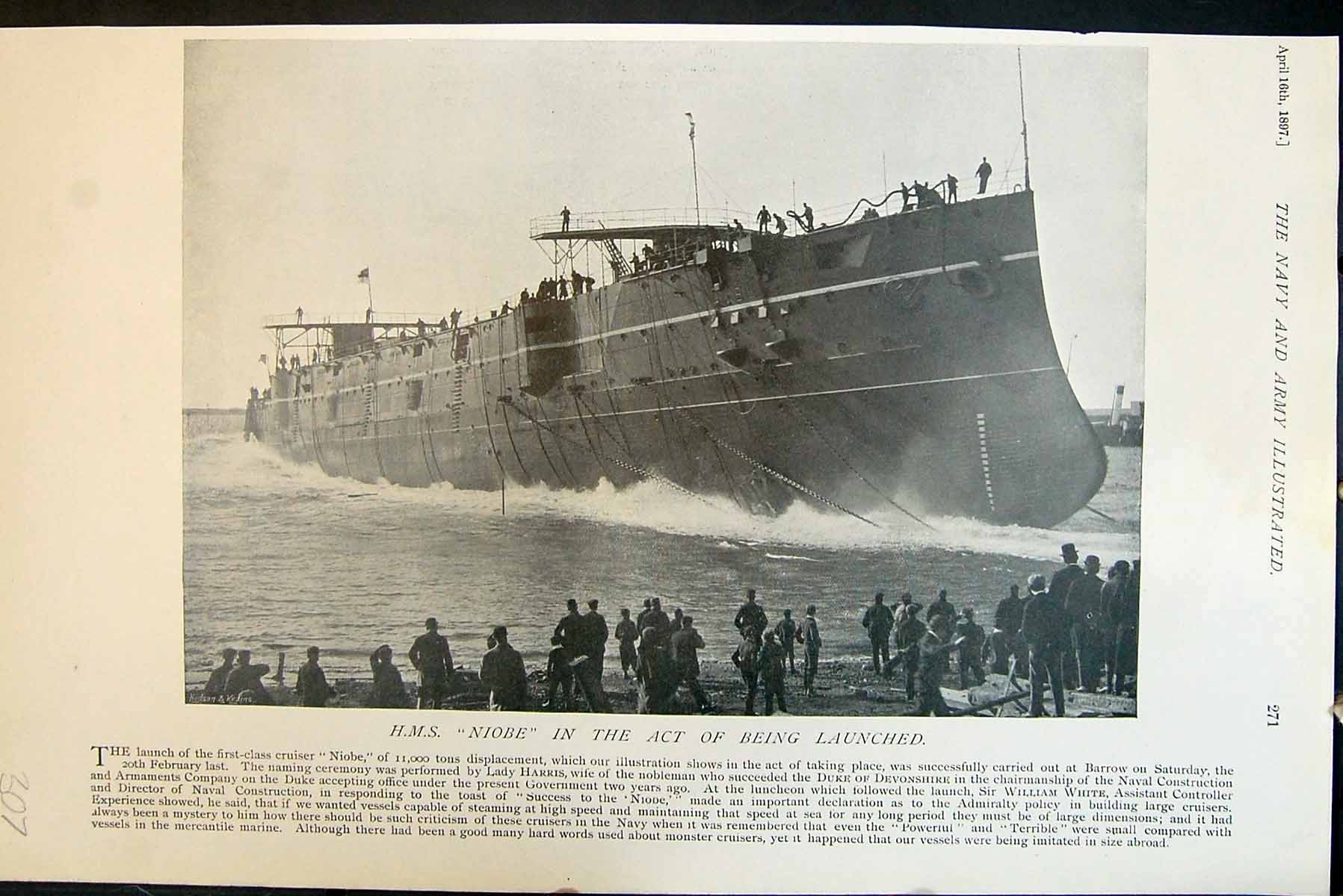 Antique Print HMS Niobe Being Launched 11000 Tons Displacement Barrow 1897