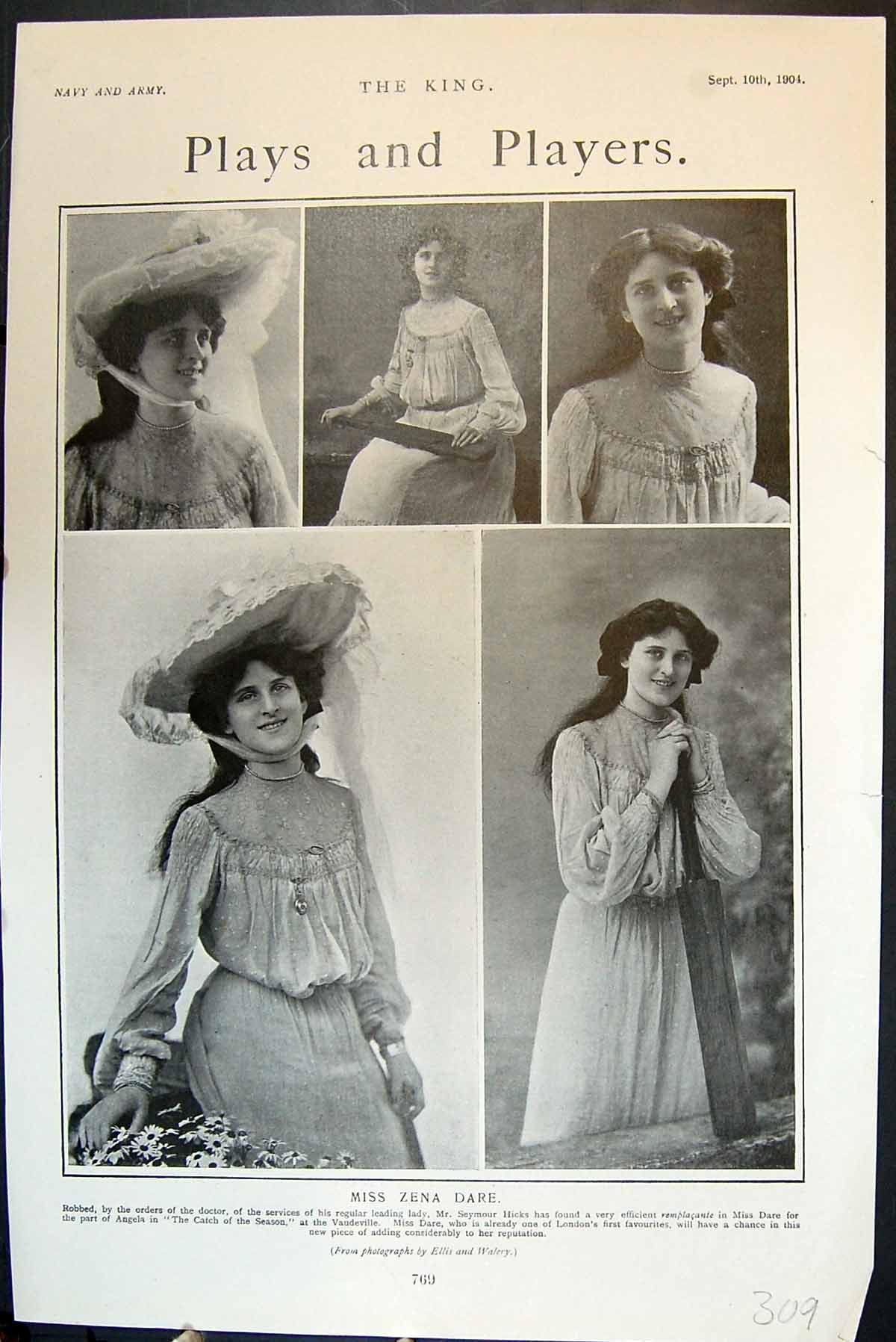 Antique Print Plays And Players Miss Zena Dare Portraits Catch Season 1904 20th