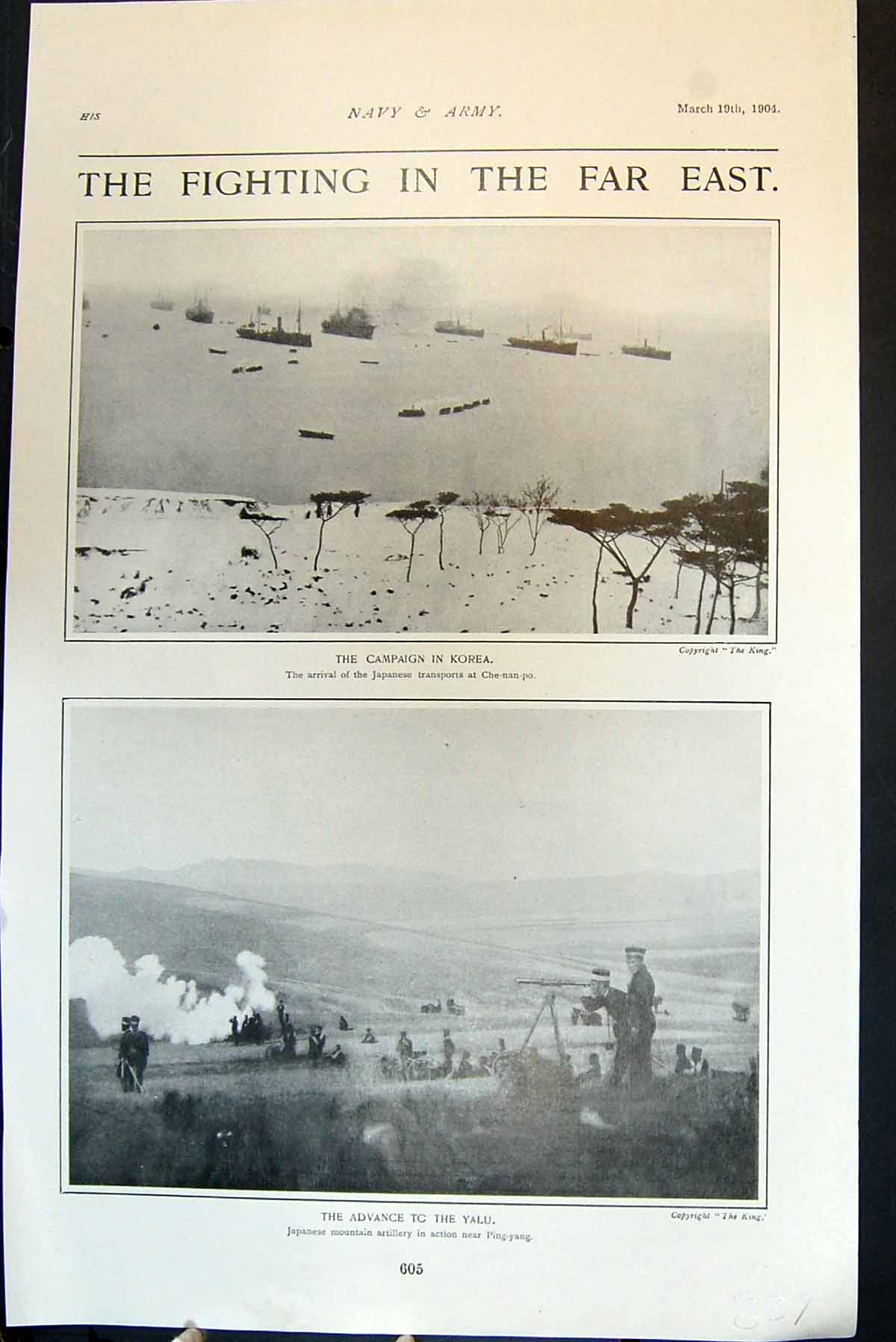 Old Print Fighting Far East Campaign Korea Japanese Che-Nan-Po Yalu 1904 20th