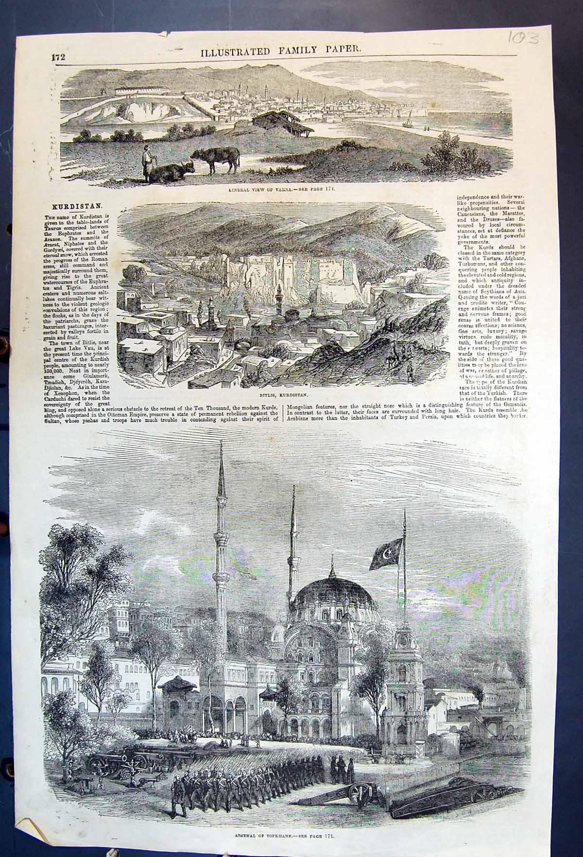 Antique Old Print General View Varna Bitlis, Kurdistan Arsenal Tophkane Army