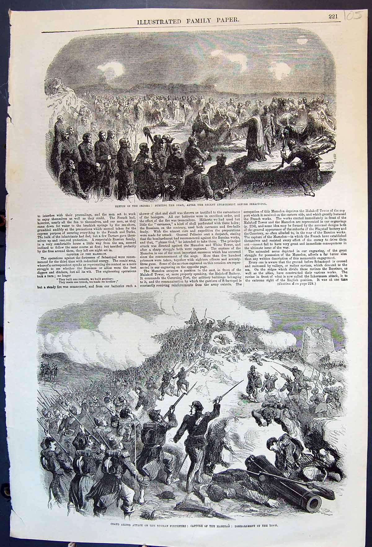 Antique Old Print Burying Dead Crimea Before Sebastopol Attack Russian 1855
