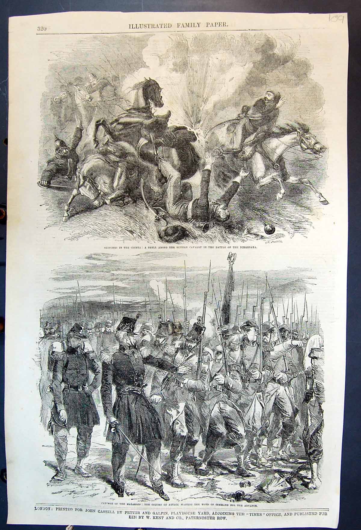Old Print Sketches Crimea Shell Amongst Russian Cavalry Capture Malakoff