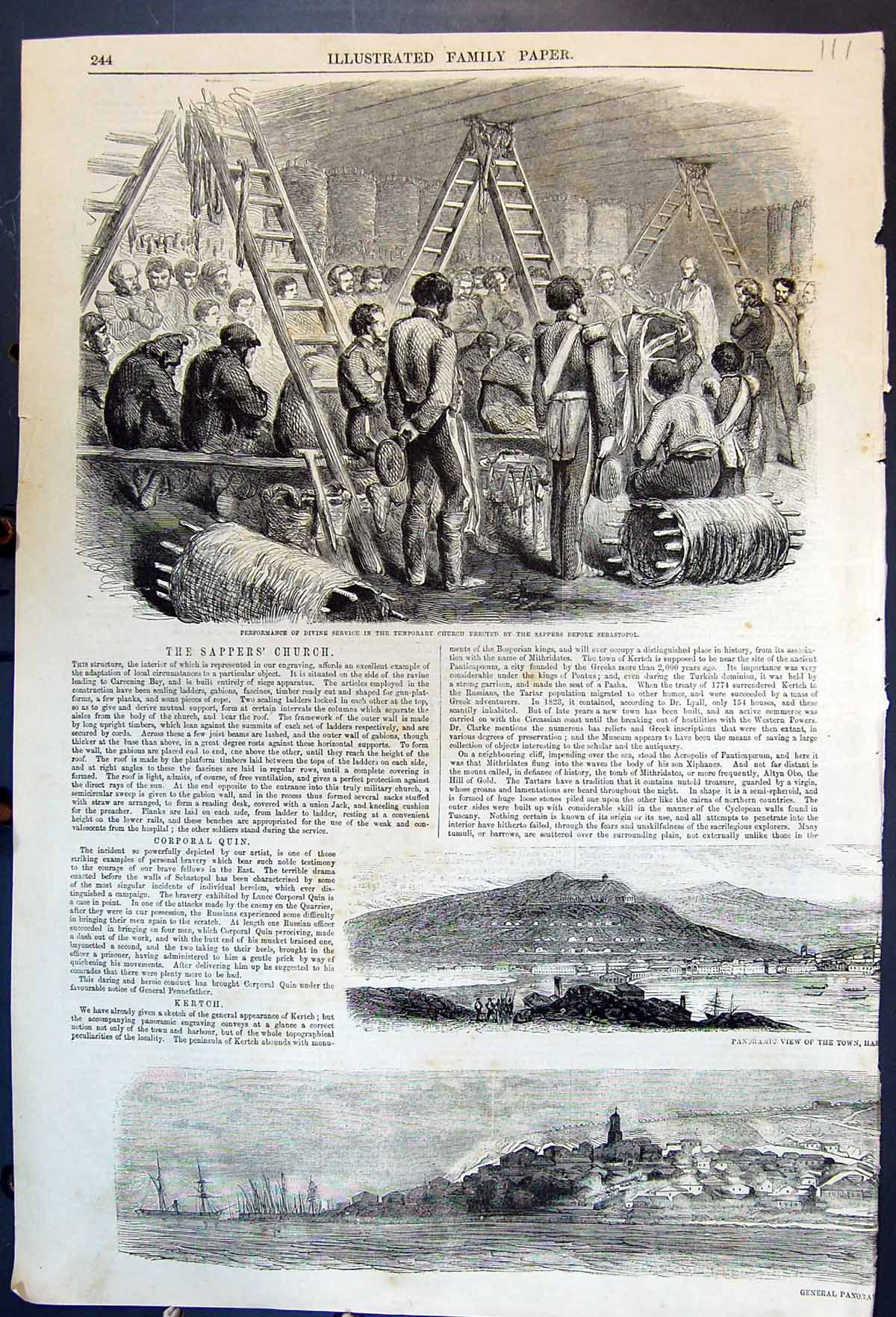 Antique Old Print Sappers Church Service Sebastopol View Kertch Yenikale 1855