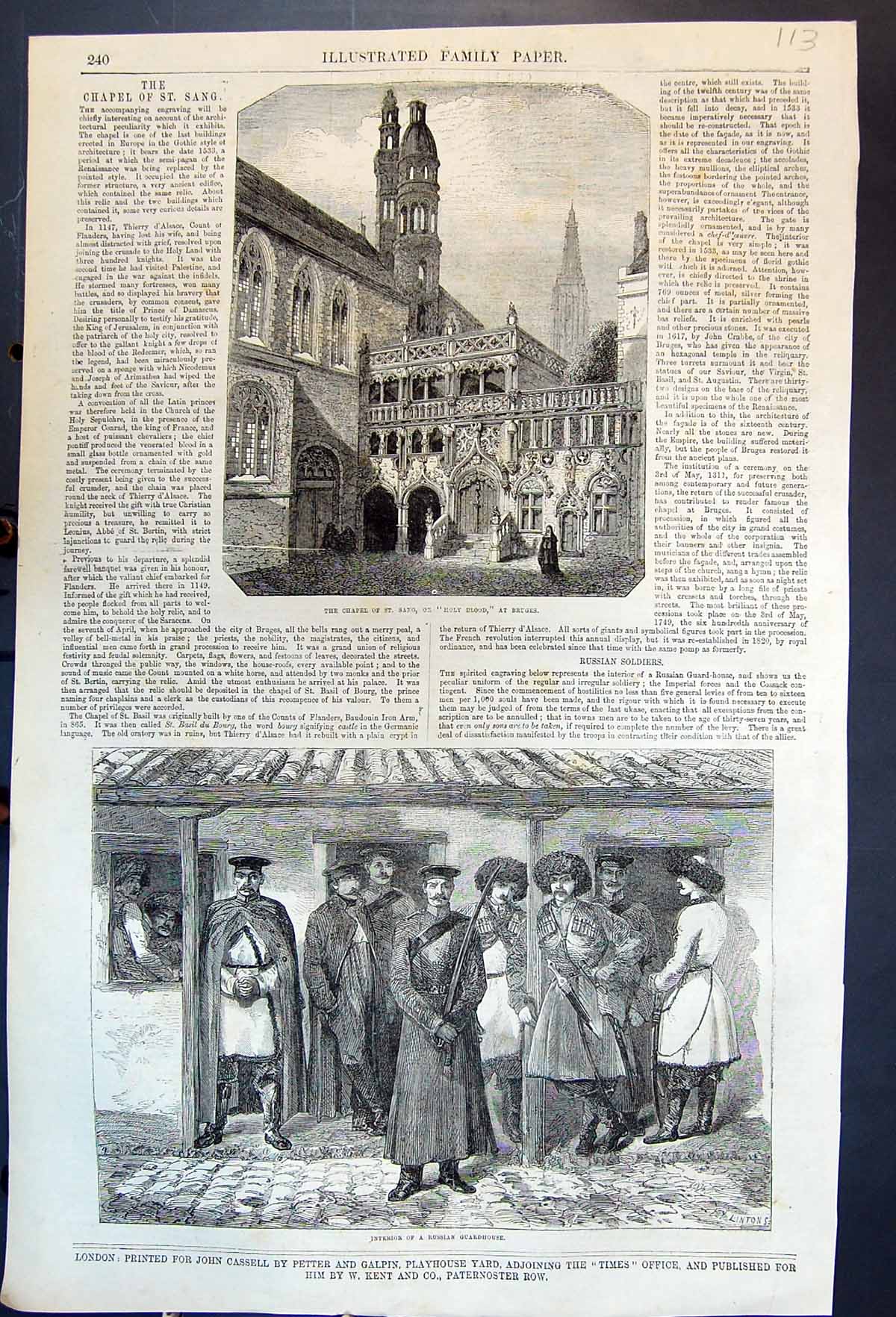 Old Antique Print Chapel St. Sano Bruges Interior Russian Guardhouse 1855 19th