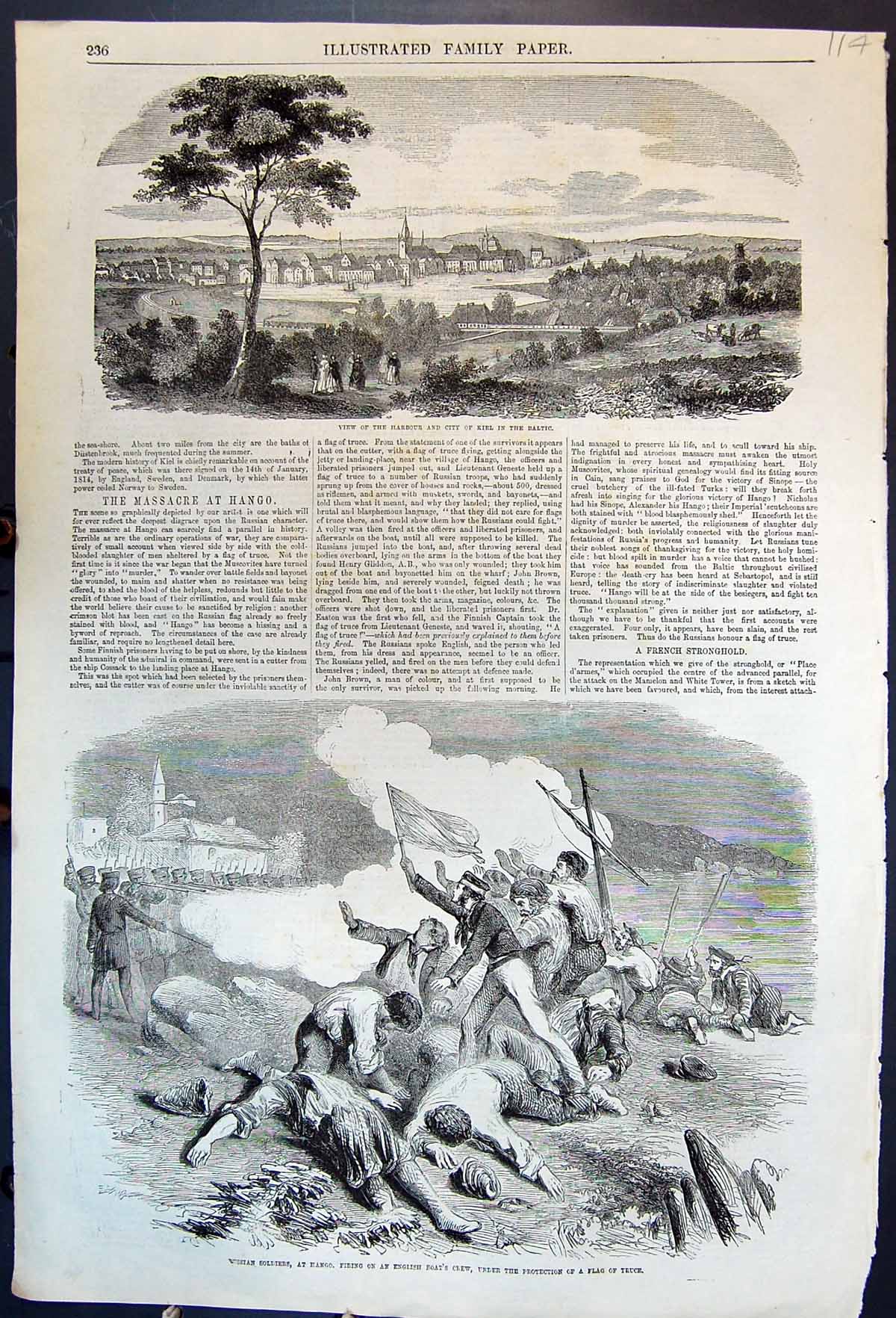 Antique Print Harbour City Kiel Baltic Russian Siers Firing Flag Truce 1855