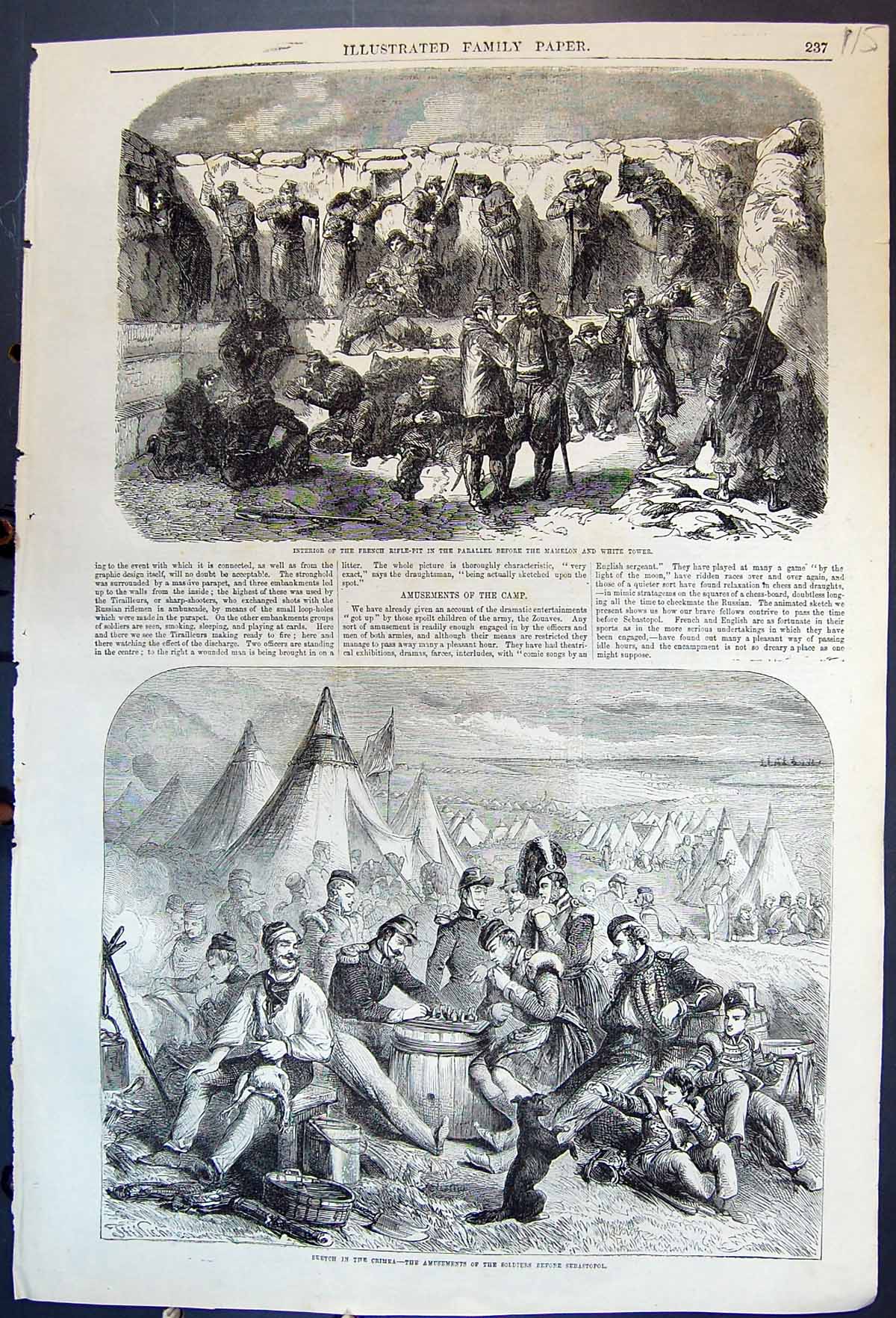 Antique Old Print Interior French Pit Before Mamelon Sier'S Amusements 1855