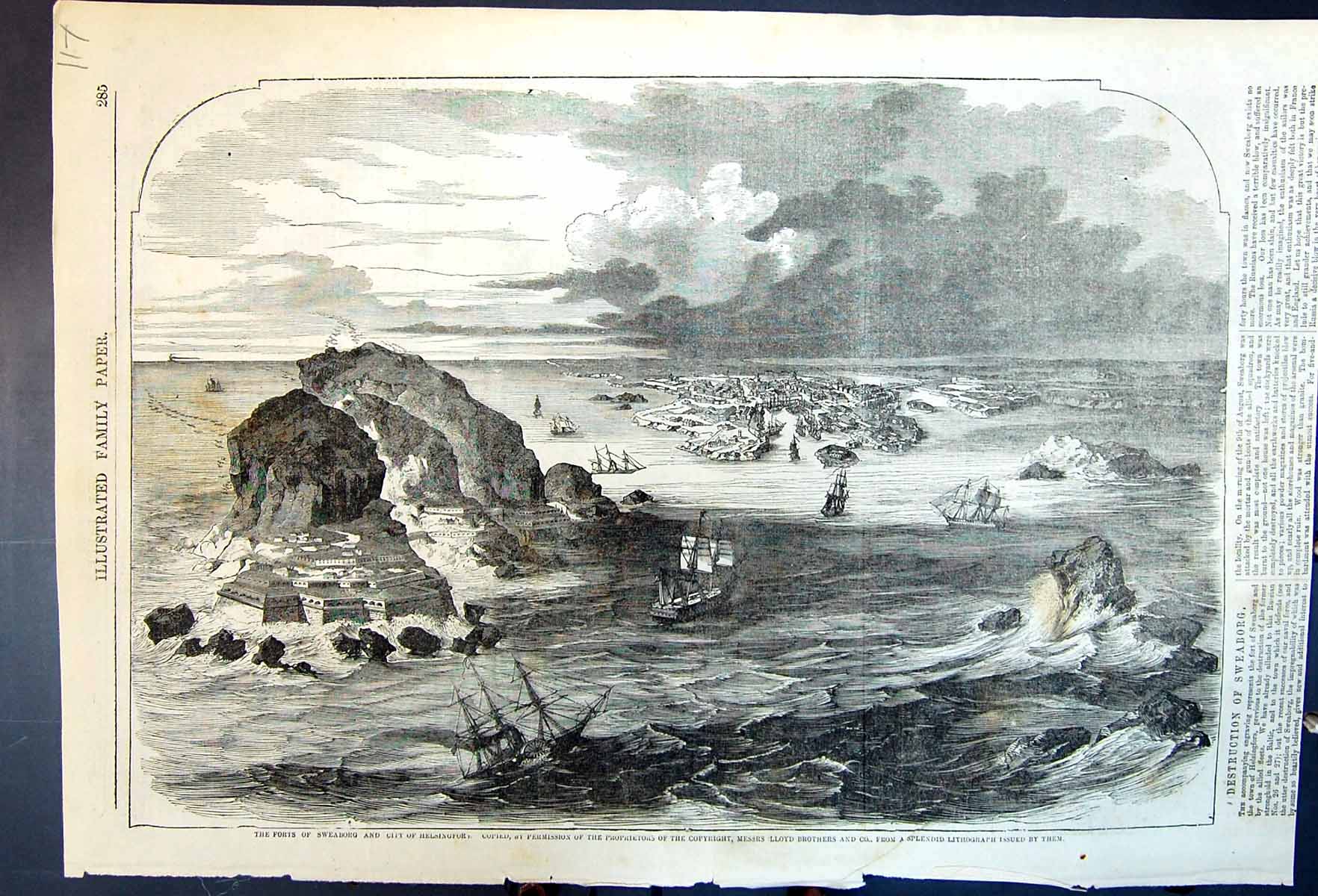 Old Antique Print Forts Sweaborg City Helsingfor Sailing Ships Rocks Sea