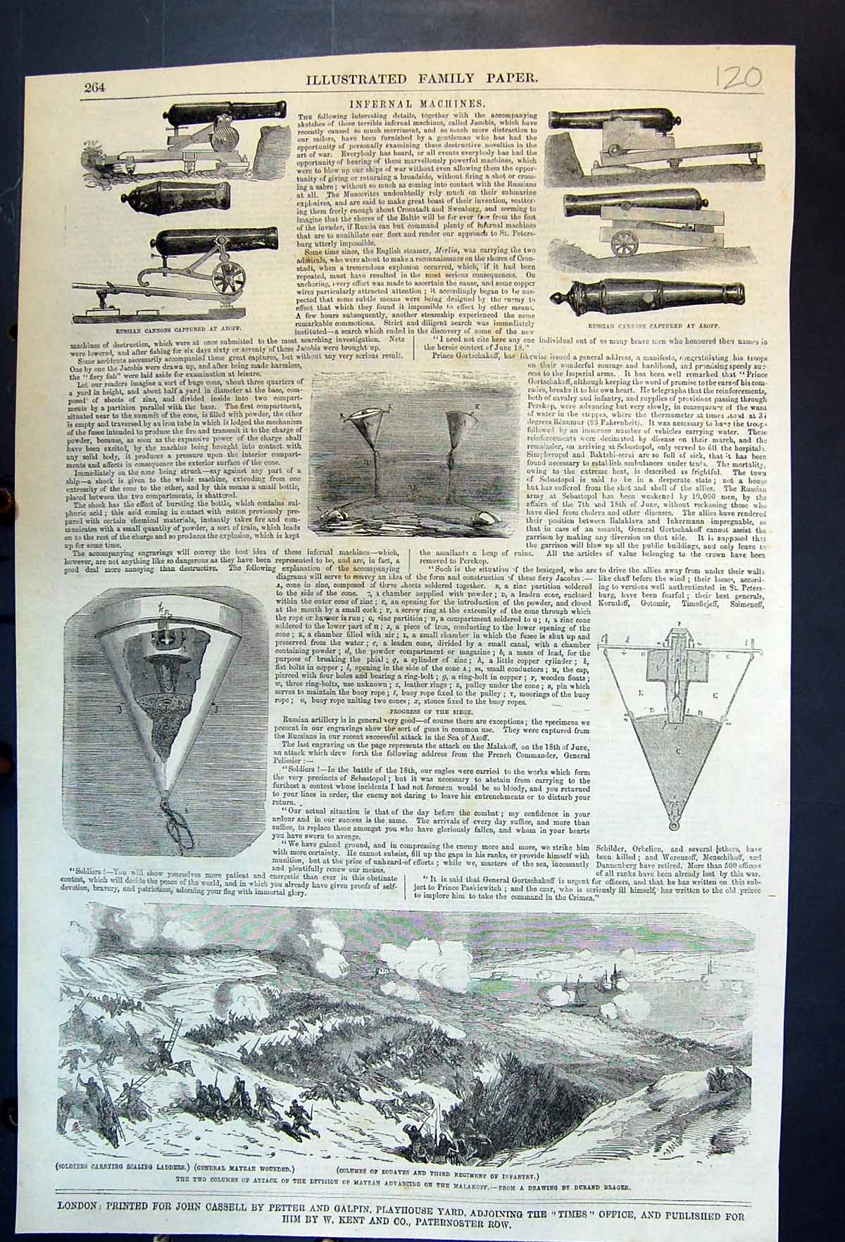 Antique Print Russian Cannons Mayran Advancing On Malakoff Scaling Ladders