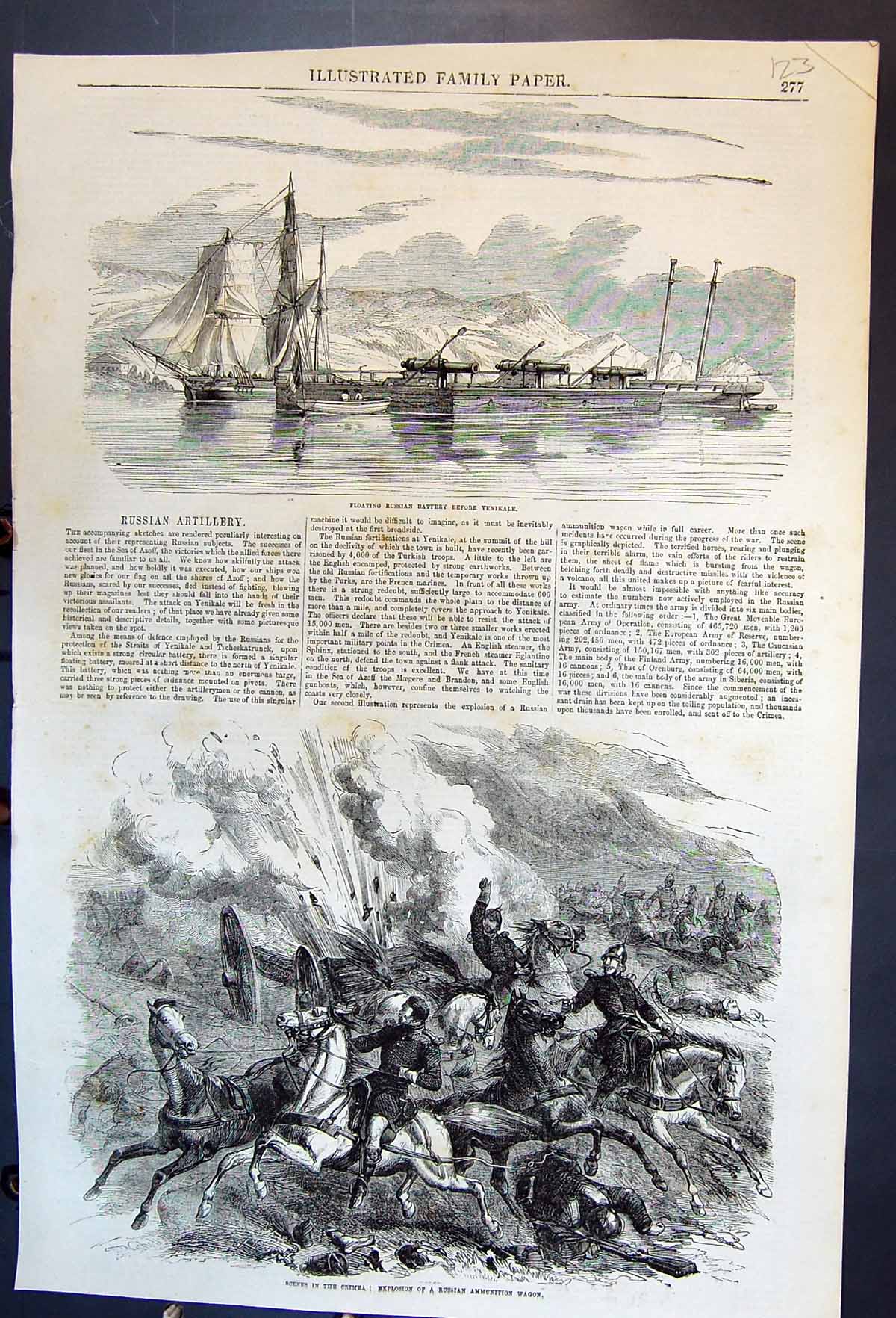 Antique Old Print Flaoting Russian Battery Before Venikale Crimea Explosion