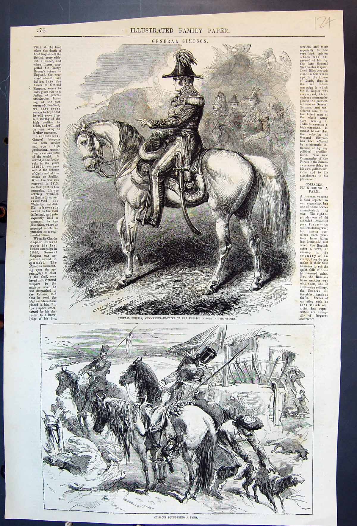 Old Antique Print General Simpson Crimean Forces Cossacks Plundering Farm