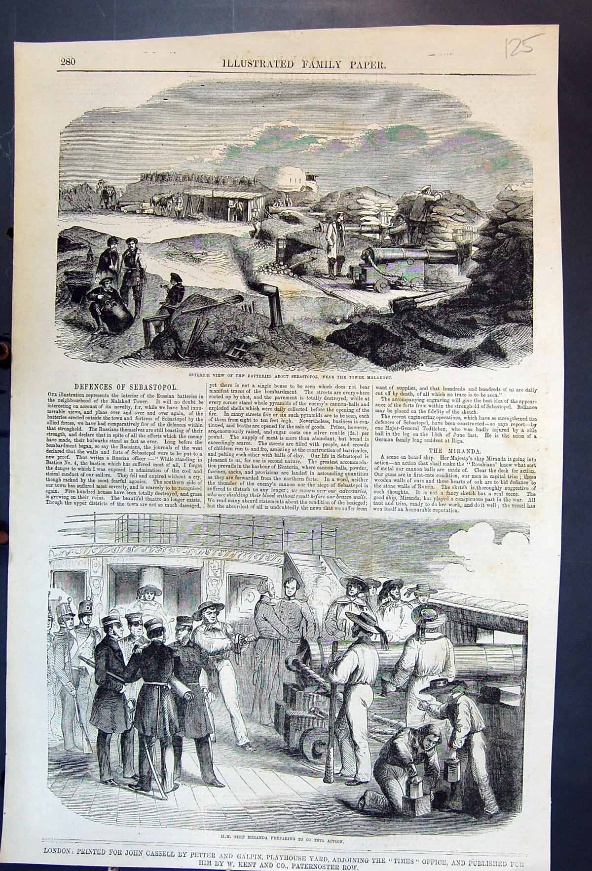 Antique Old Print Interior View Batteries Sebastopol Hms Miranda Into Action