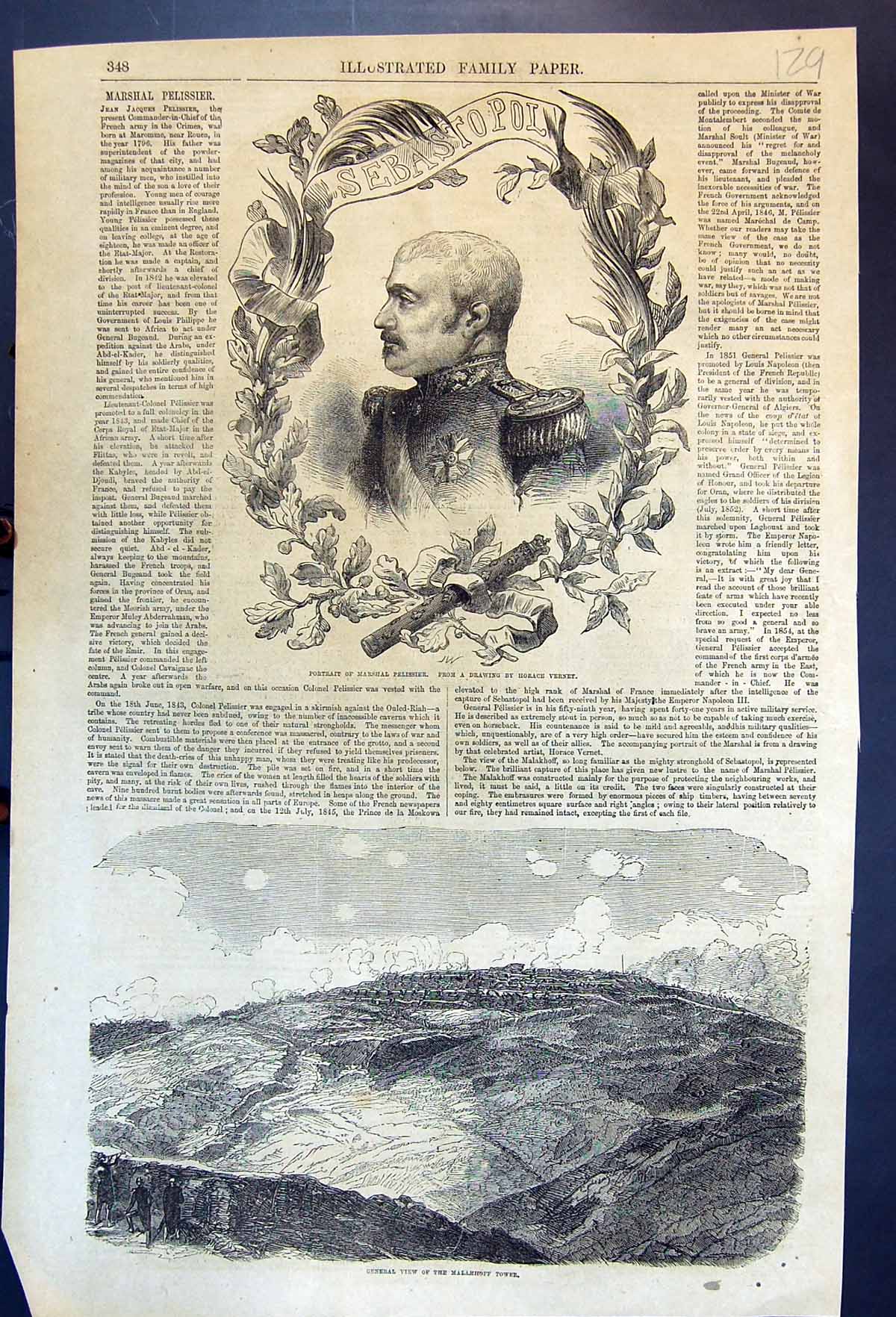 Antique Print Portrait Marshall Pelissier General View Malakoff Tower 1855 19th