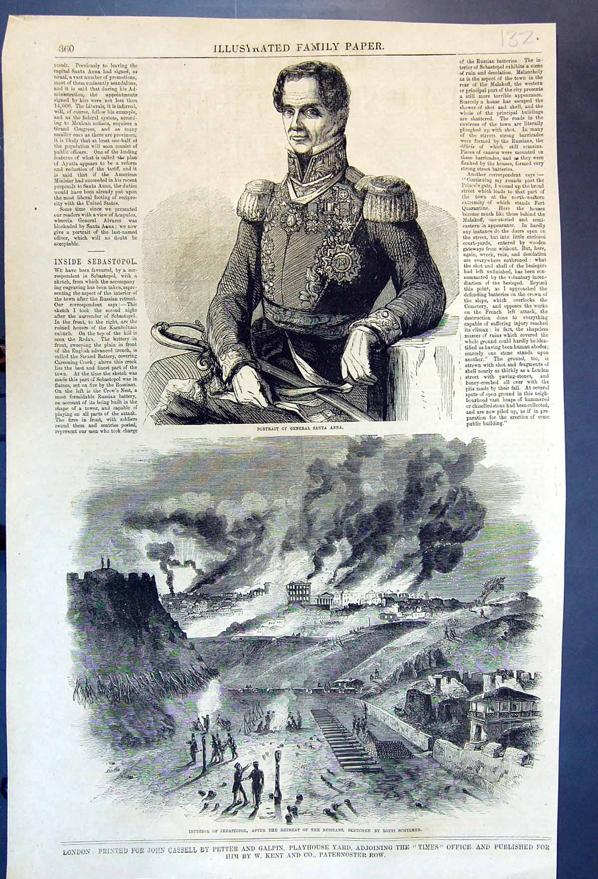 Old Antique Print General Santa Anna Interior Sebastopol Retreat Russians