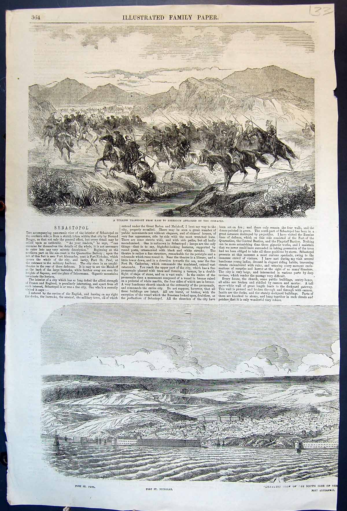 Old Print Turkish Transport Attacked Cossacks South Side Sebastopol 1855 19th