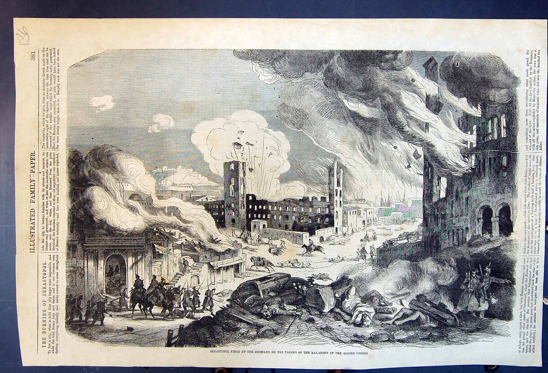 Antique Print Sebastopol Fired By Russians On Taking Malakoff Allied Forces