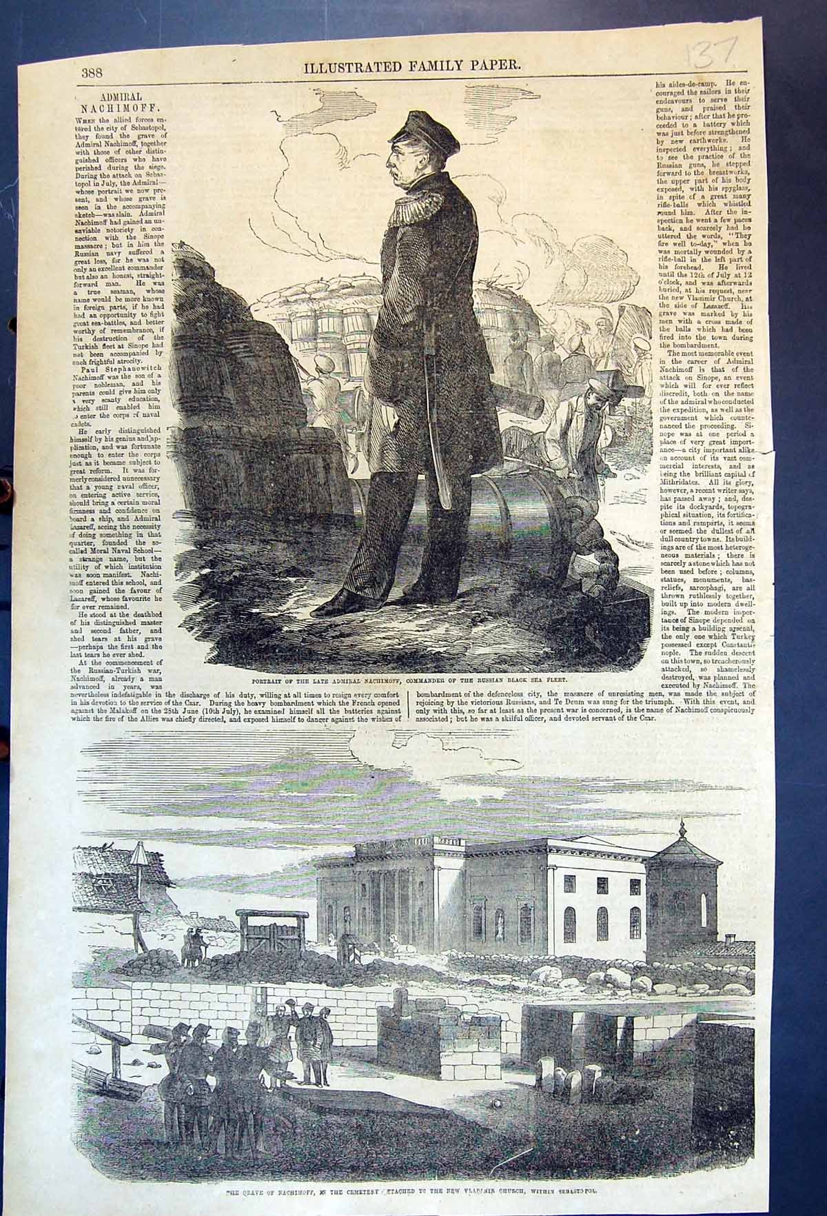 Antique Old Print Admiral Nachimoff Commander Russian Black Sea Fleet Grave