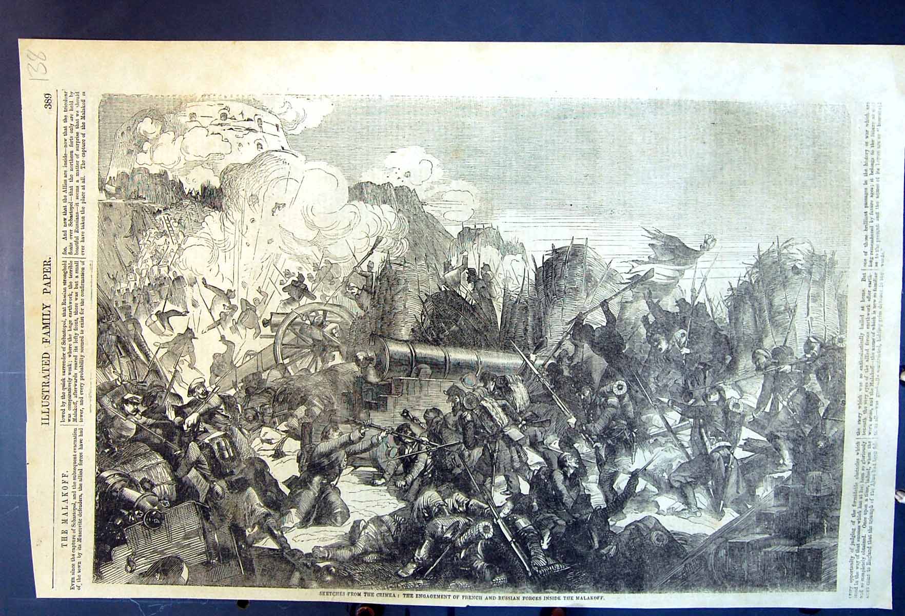 Antique Print Engagement Russian French Forces Inside Malakoff Cannon 1855 19th