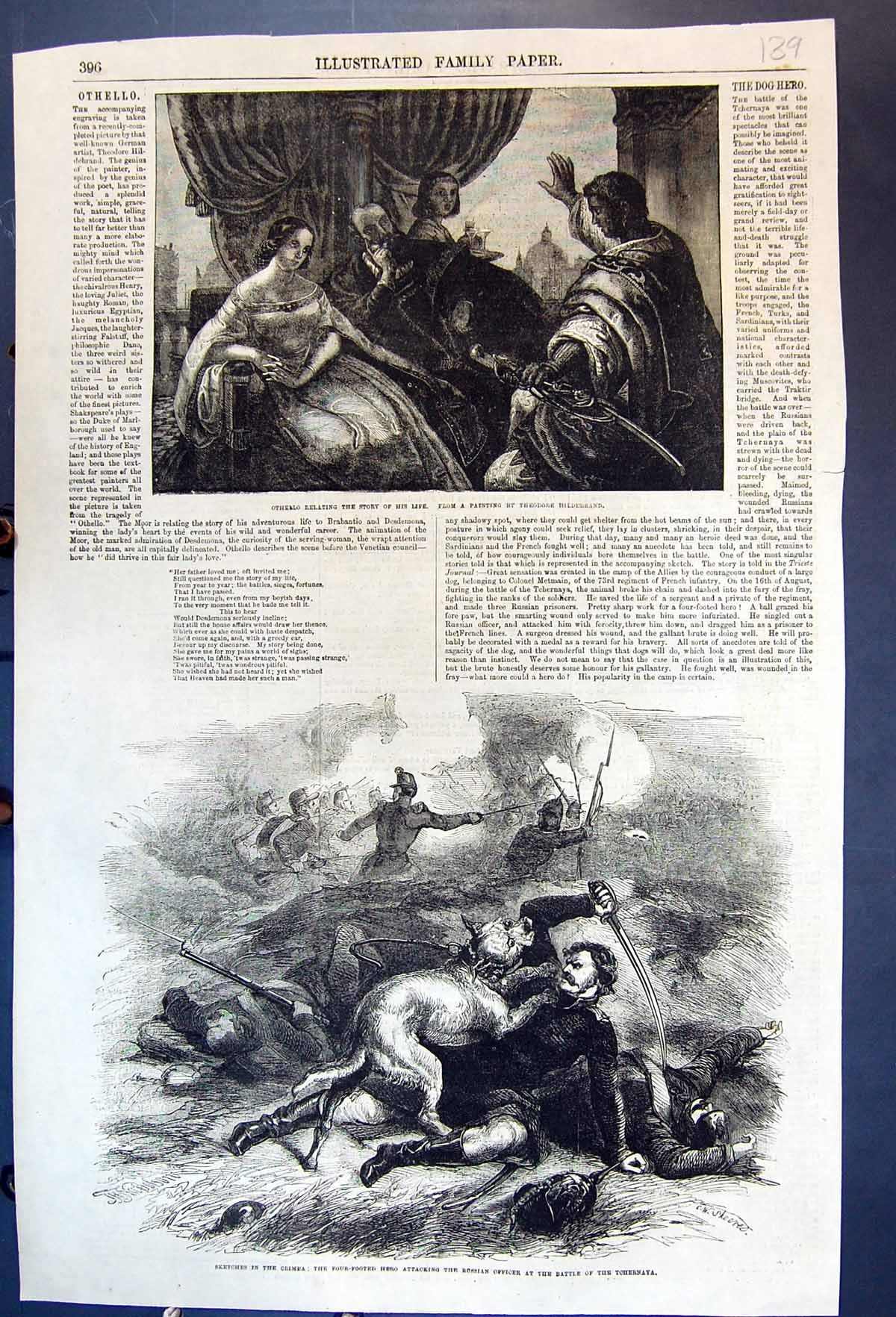 Antique Print Othello Relating Story Dog Attacking Russian Sier Crimea 1855