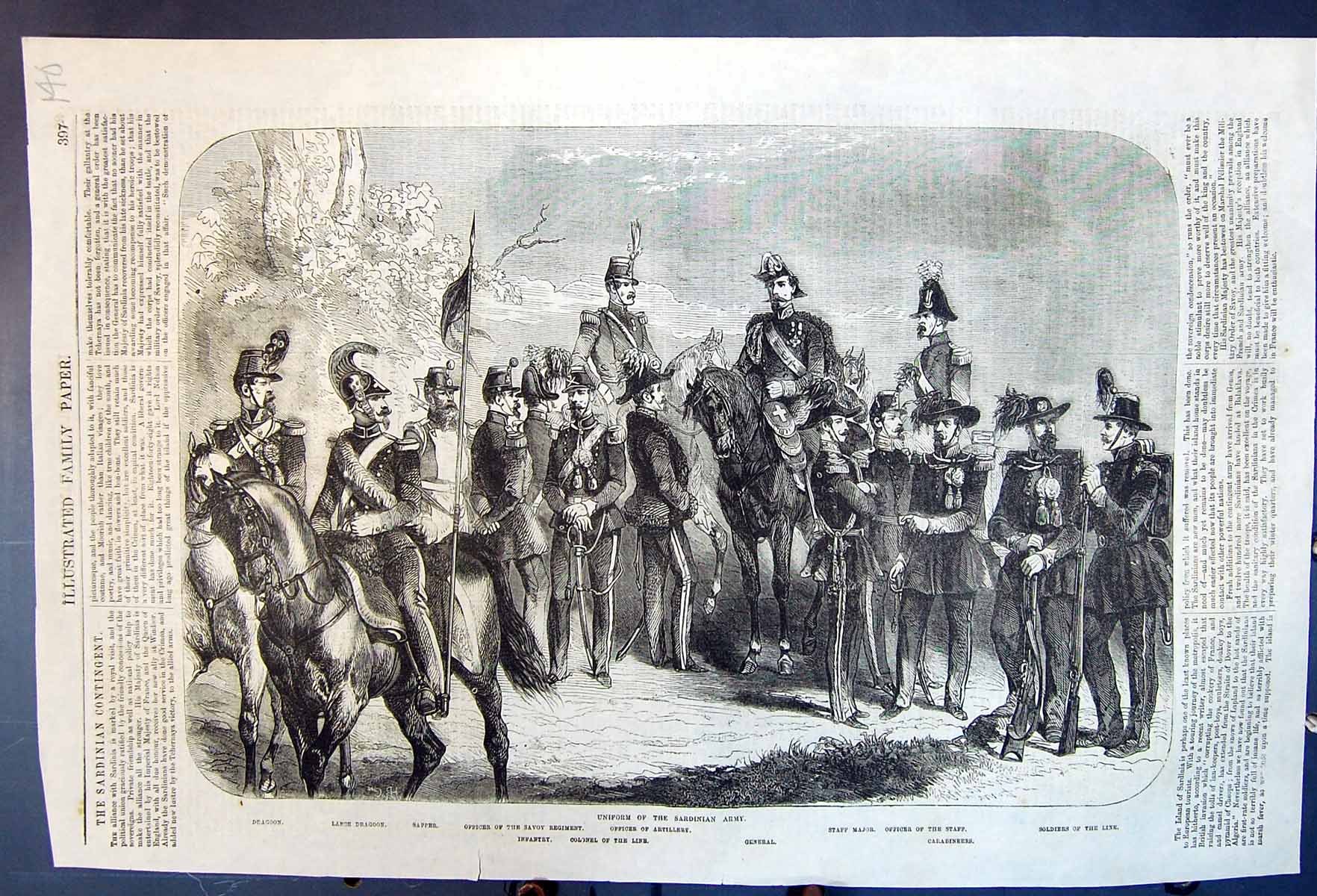 Antique Print Uniform Sardinian Army Dragoon Sapper Officer General Siers