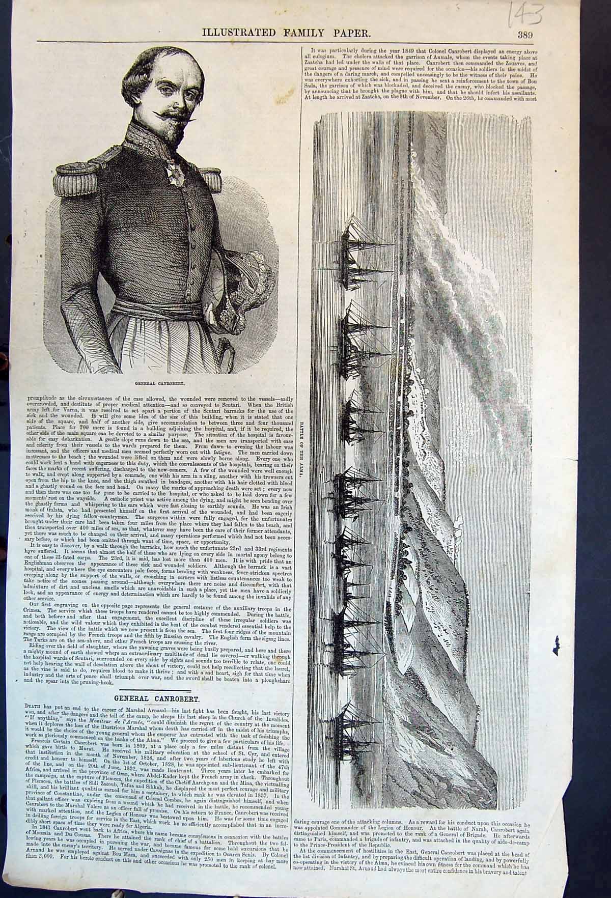 Old Print General Canrobert Battle Alma View From Sea Sailing Ships 1854 19th