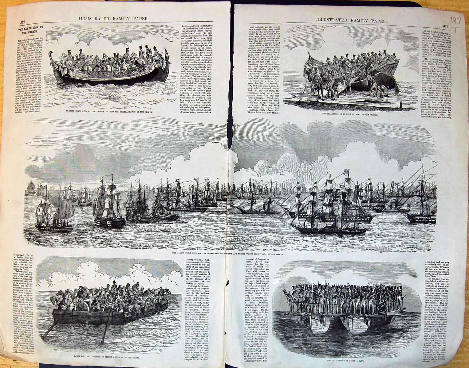Old Print Damaged Allied Fleet Transport Crimea French English Raft 1854 19th