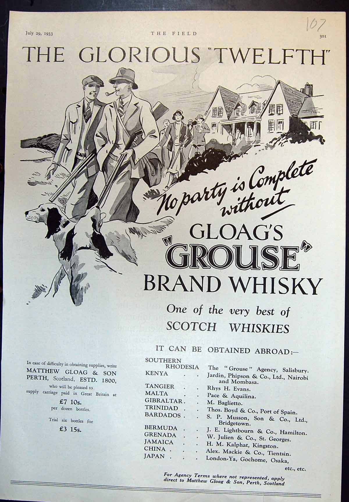 Old Vintage Print Gloags Grouse Brand Whisky Party Glorious Twelth 1933 20th
