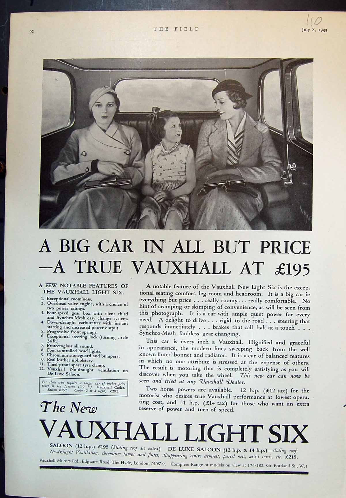 Old Vauxhall Light Six Saloon ú195 De Luxe Saloon ú215 Cadet Coupe 1933 20th