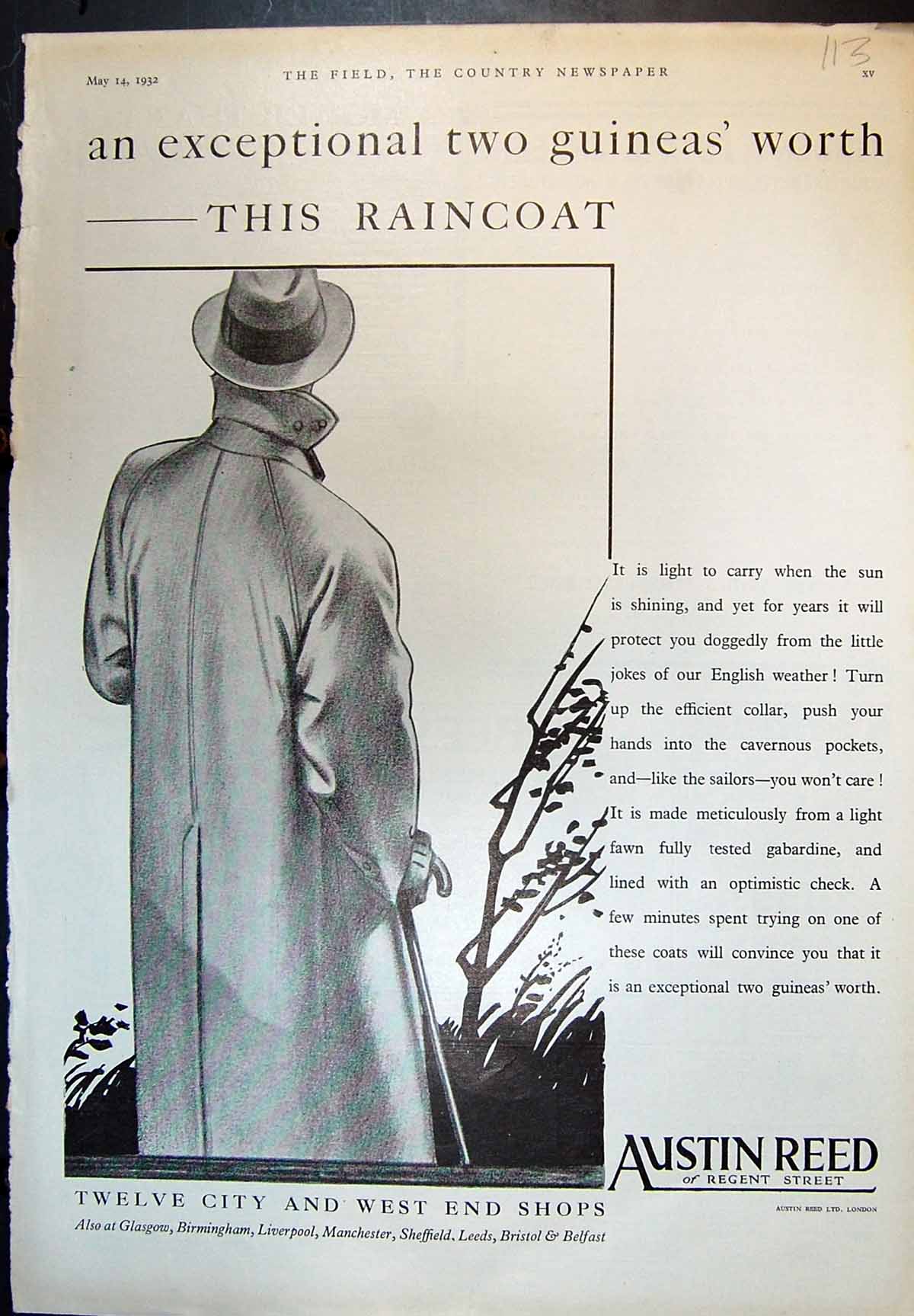 Old Print Austin Reed Regent Street Exceptional Two Guineas Raincoat 1932 20th