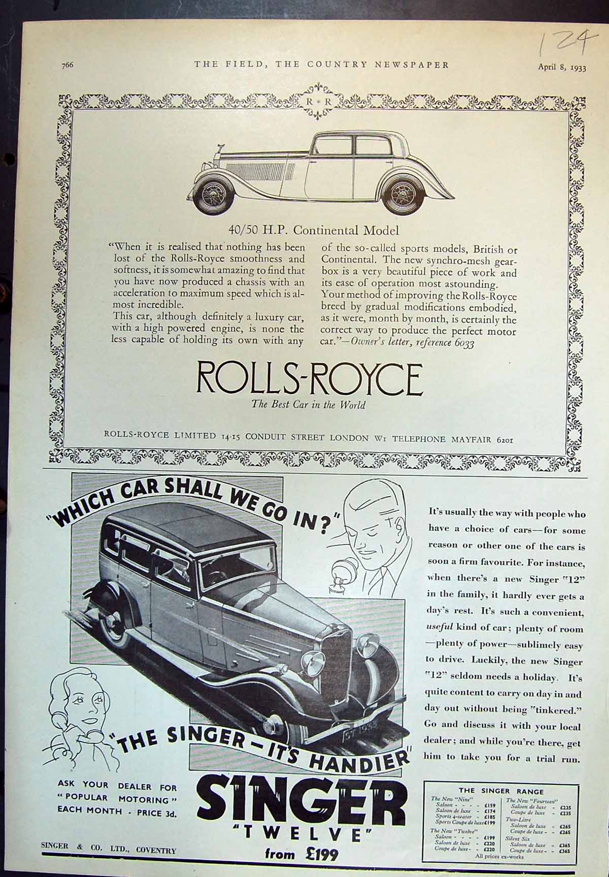 Antique Print Rolls Royce Continental Model Singer 12 From ú199 Saloon 1933