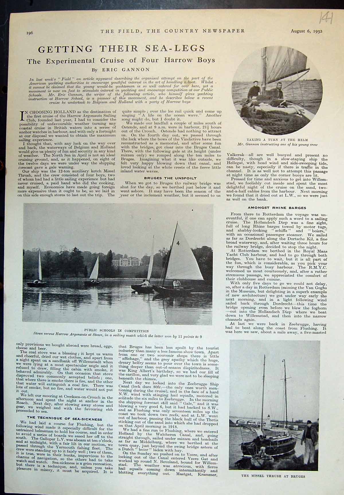 Antique Print Cruise Harrow Boys Stowe V Harrow Wild Boar Tribes Ceylon1932