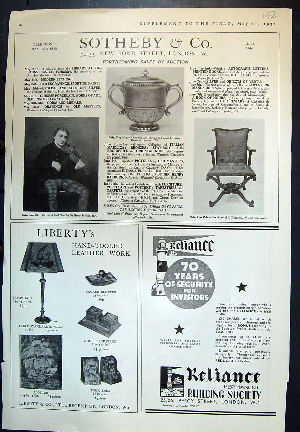 Old Sotheby Sales Libertys Leather Work Reliance Building Society 1932 20th