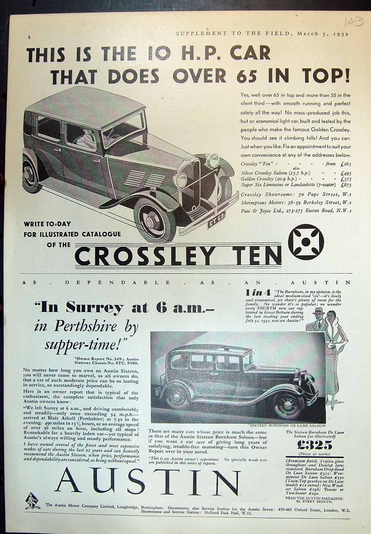 Old Print Crossley Ten Car 65 In Top ú265 Austin 16 Tour Car Lake District 1932