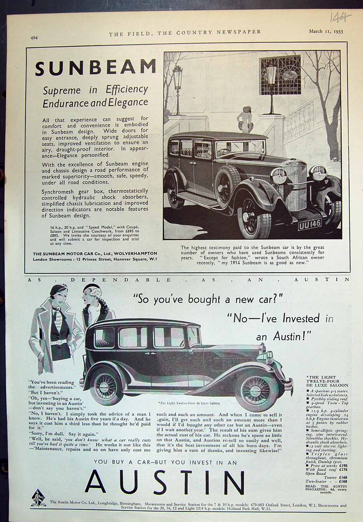 Old Sunbeam Coupe Saloon Austin 12Saloon Tour Devon Cornwall 1933