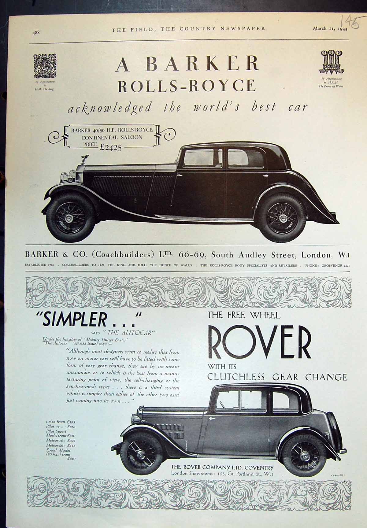 Old Barker Rolls Royce Continental Saloon Rover High Speed Cars 1933 20th