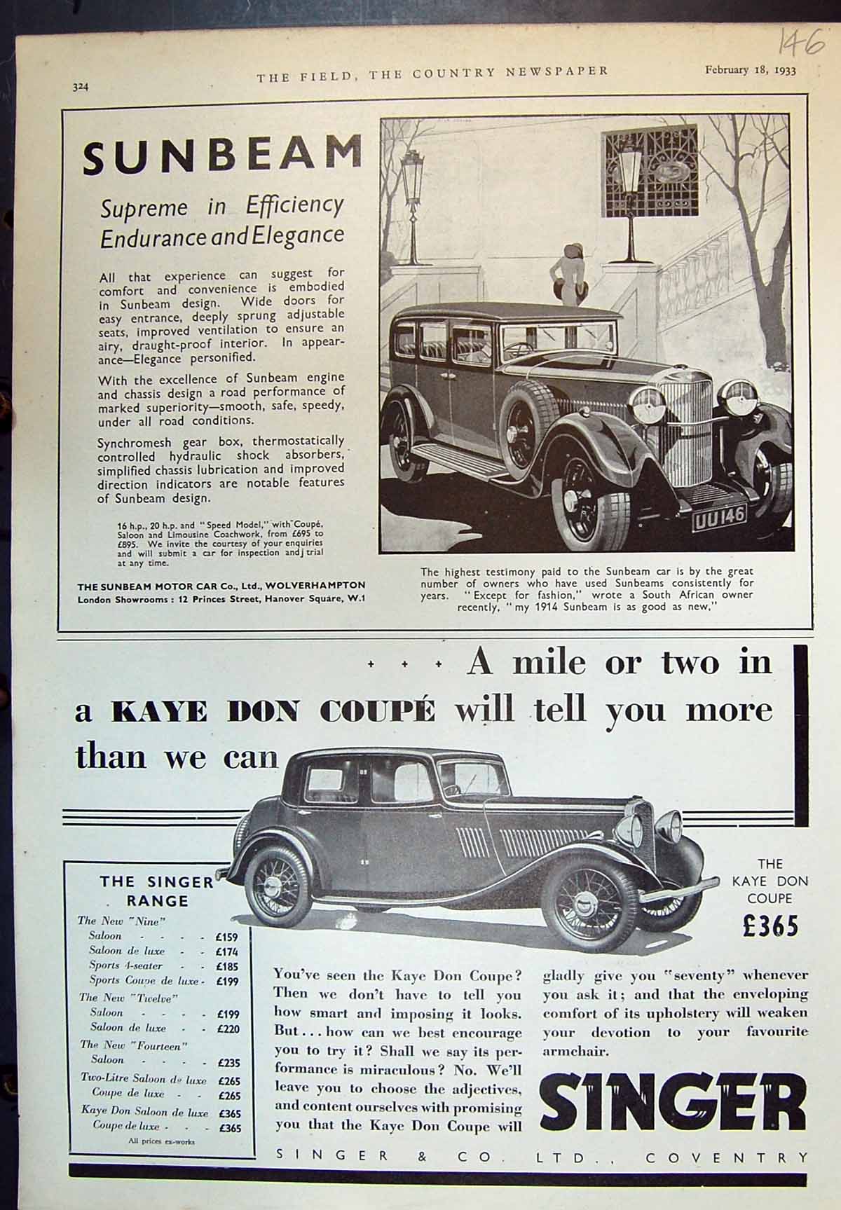 Old Sunbeam Speed Model Singer Kaye Don Coupe Ploughing Berkshire 1933 20th