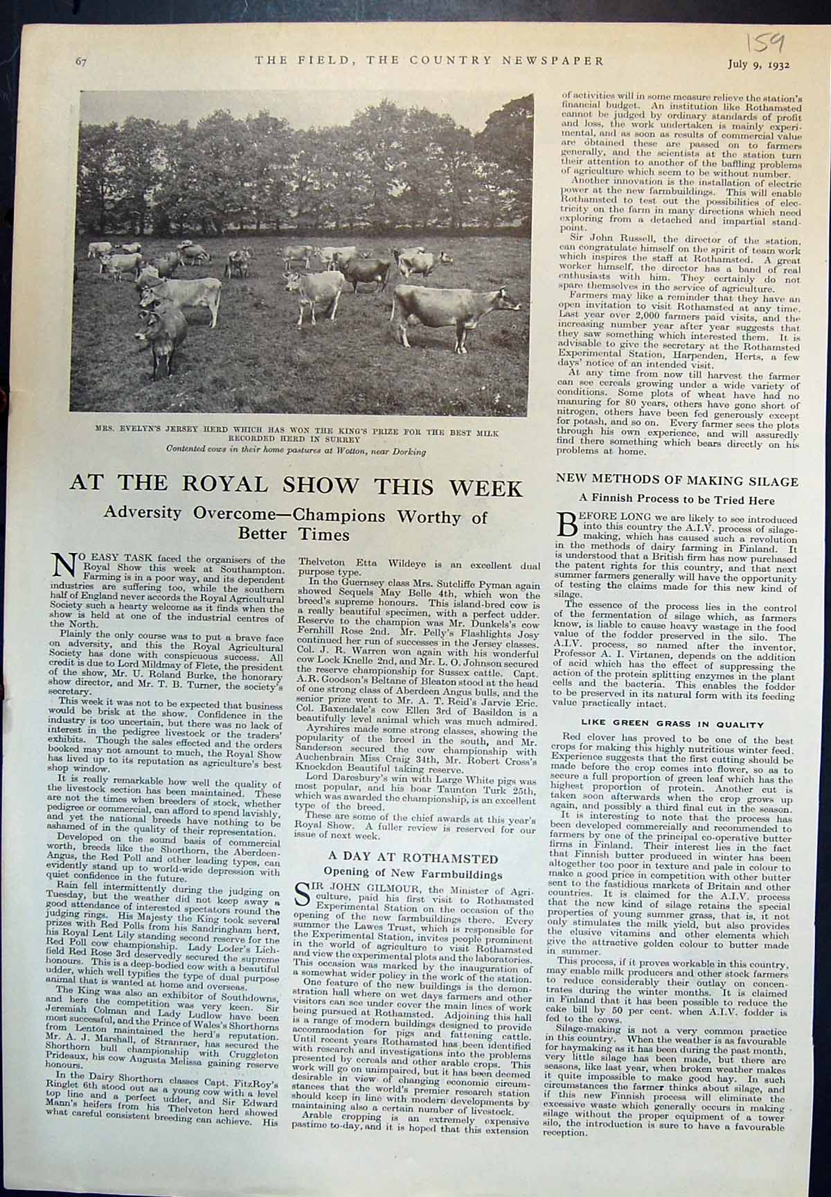 Old Print Royal Show Mrs Evelyns Jersey Herd Kings Prize Milk Surrey 1932 20th