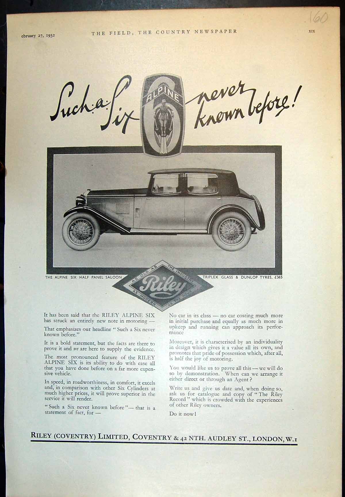 Old Riley Alpine Six Half Panel Saloon Passenger Plane D Shipwright 1932 20th