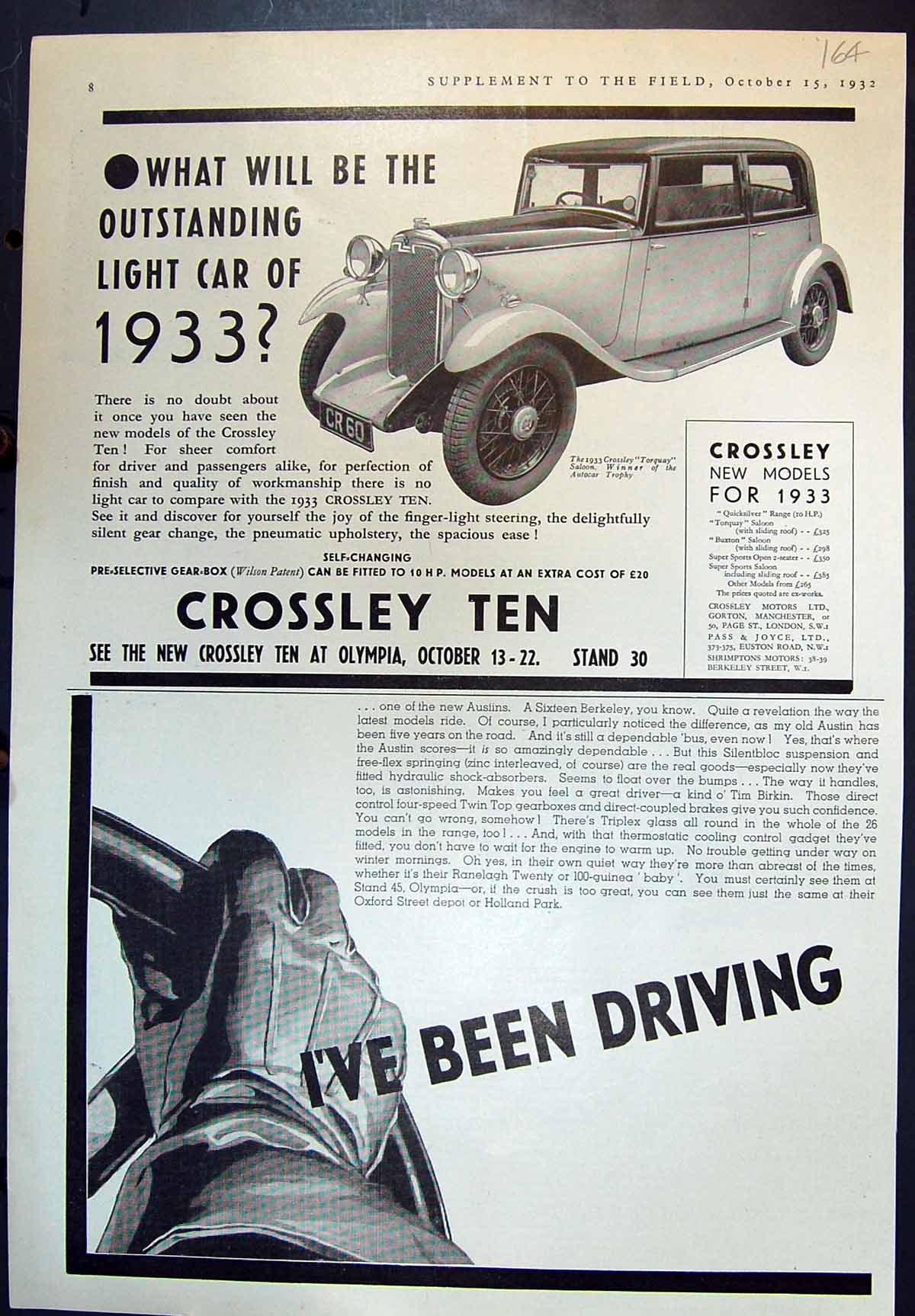 Old Print Crossley Ten Outstanding Light Car 1933 Car Mascots Plugs 1932 20th