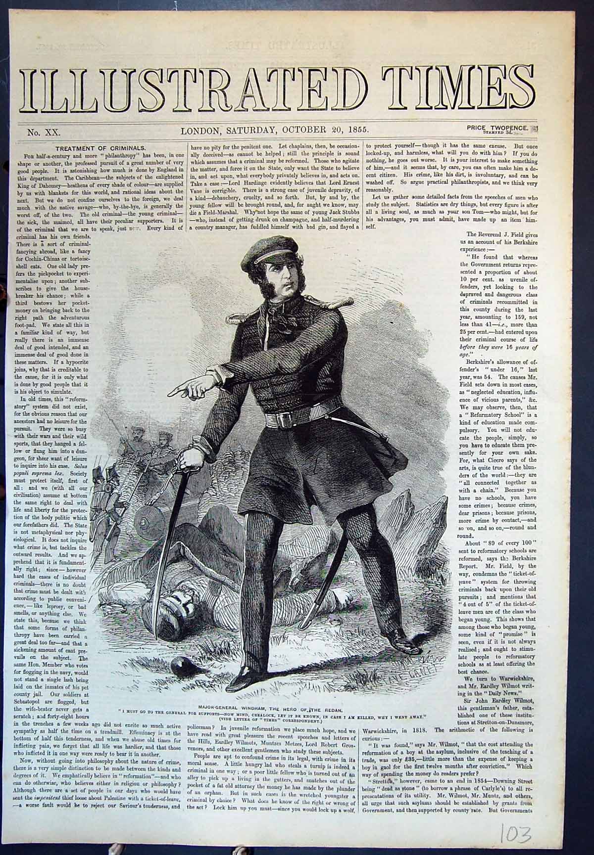 Original Old Antique Print Major-General Windham Hero Redan Siers Battle 1855